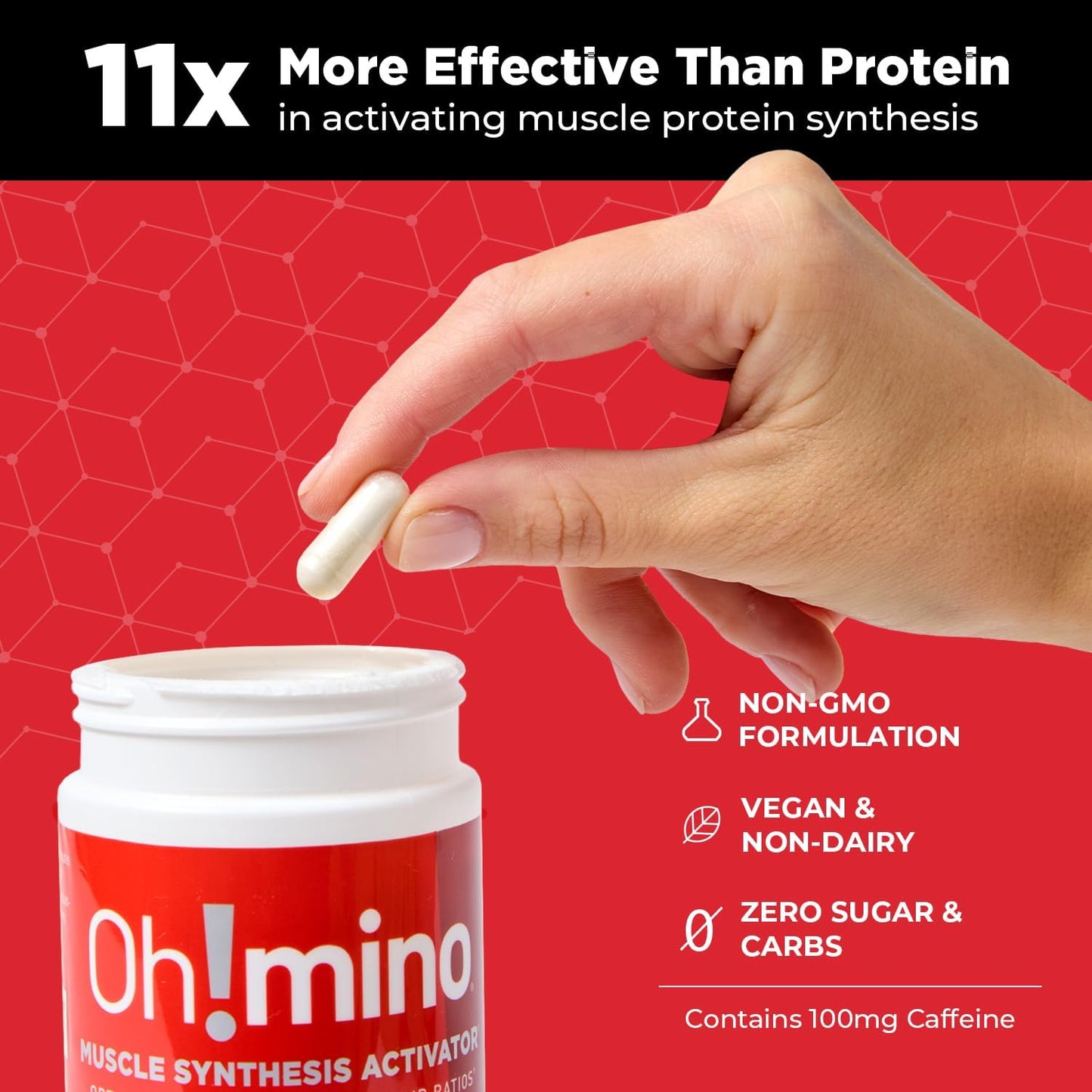 180-Count Oh!mino Amino Acids Capsules for Muscle Recovery - Vegan & Caffeinated Workout Supplement with Essential EAAs, Zero Sugar & Carbs