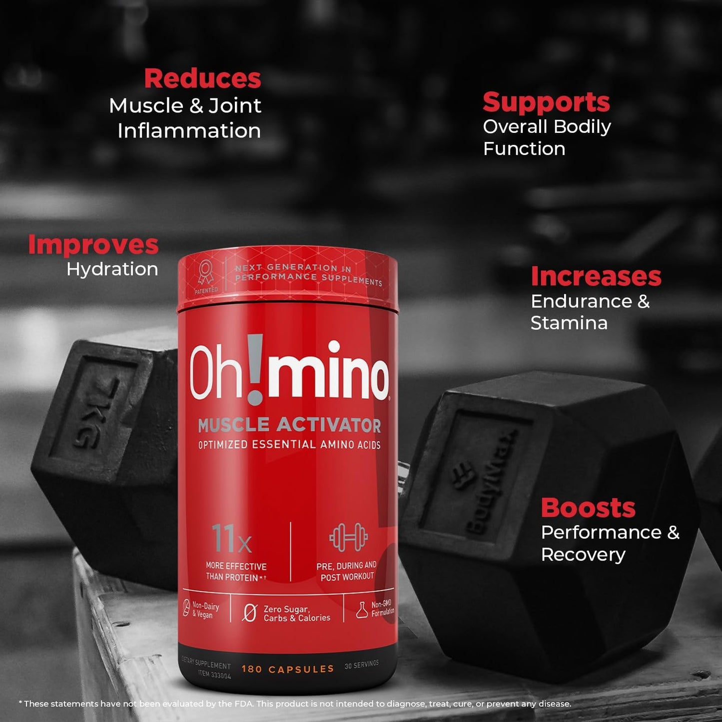 180-Count Oh!mino Amino Acids Capsules for Muscle Recovery - Vegan & Caffeinated Workout Supplement with Essential EAAs, Zero Sugar & Carbs