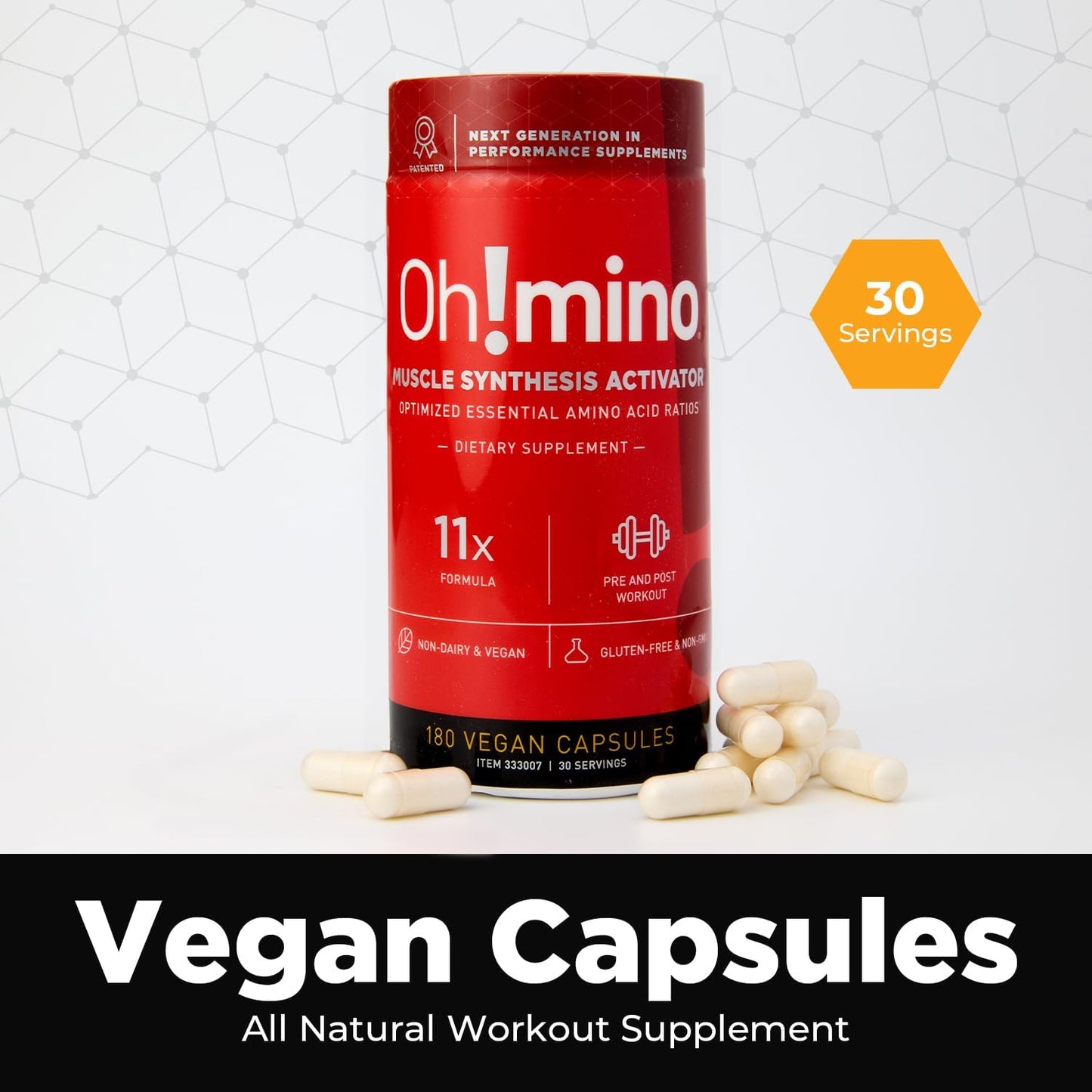 180-Count Oh!mino Amino Acids Capsules for Muscle Recovery - Vegan & Caffeinated Workout Supplement with Essential EAAs, Zero Sugar & Carbs