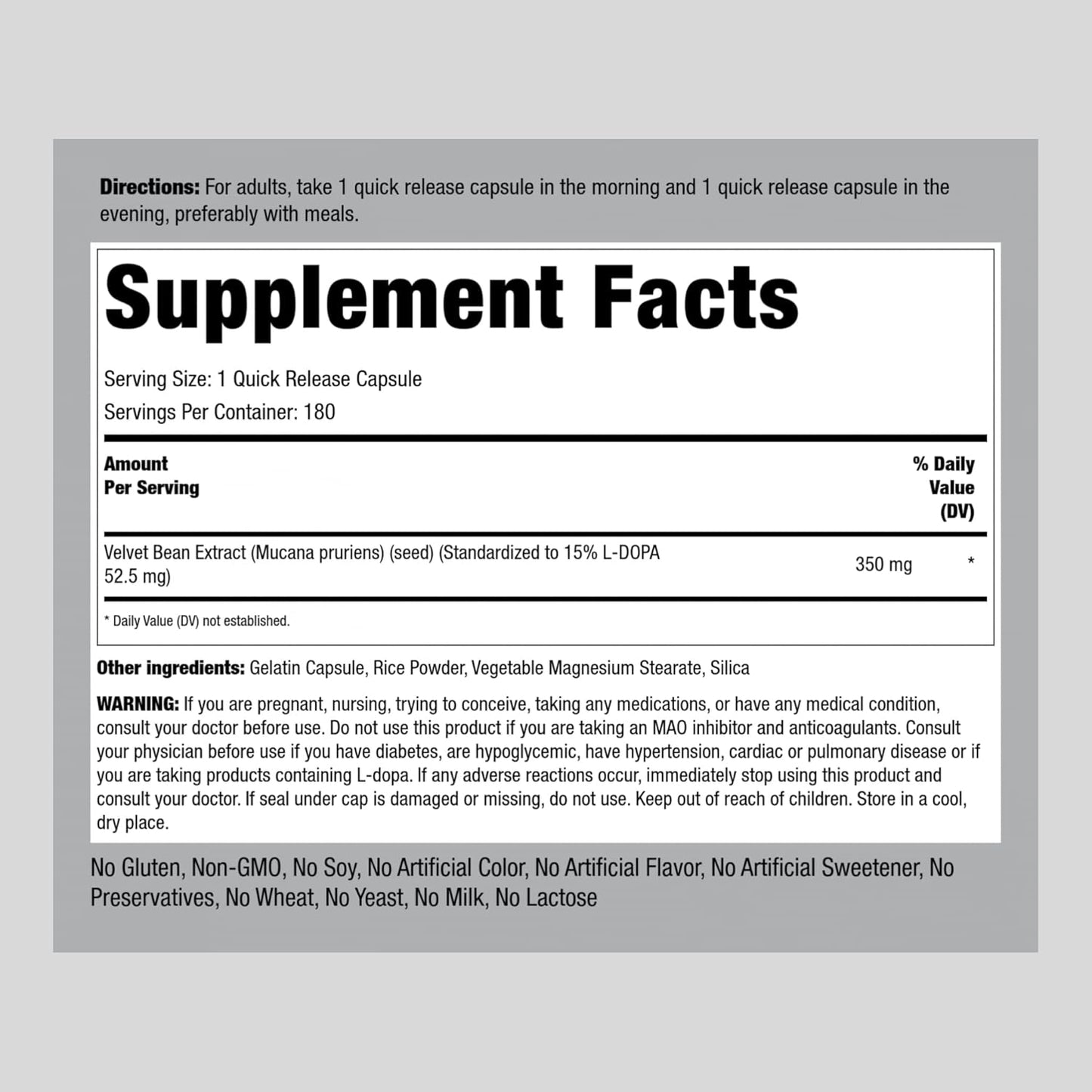 180 Count Piping Rock DOPA Mucuna Capsules with 15% L-DOPA - Mucuna Pruriens Extract - Non-GMO and Gluten Free