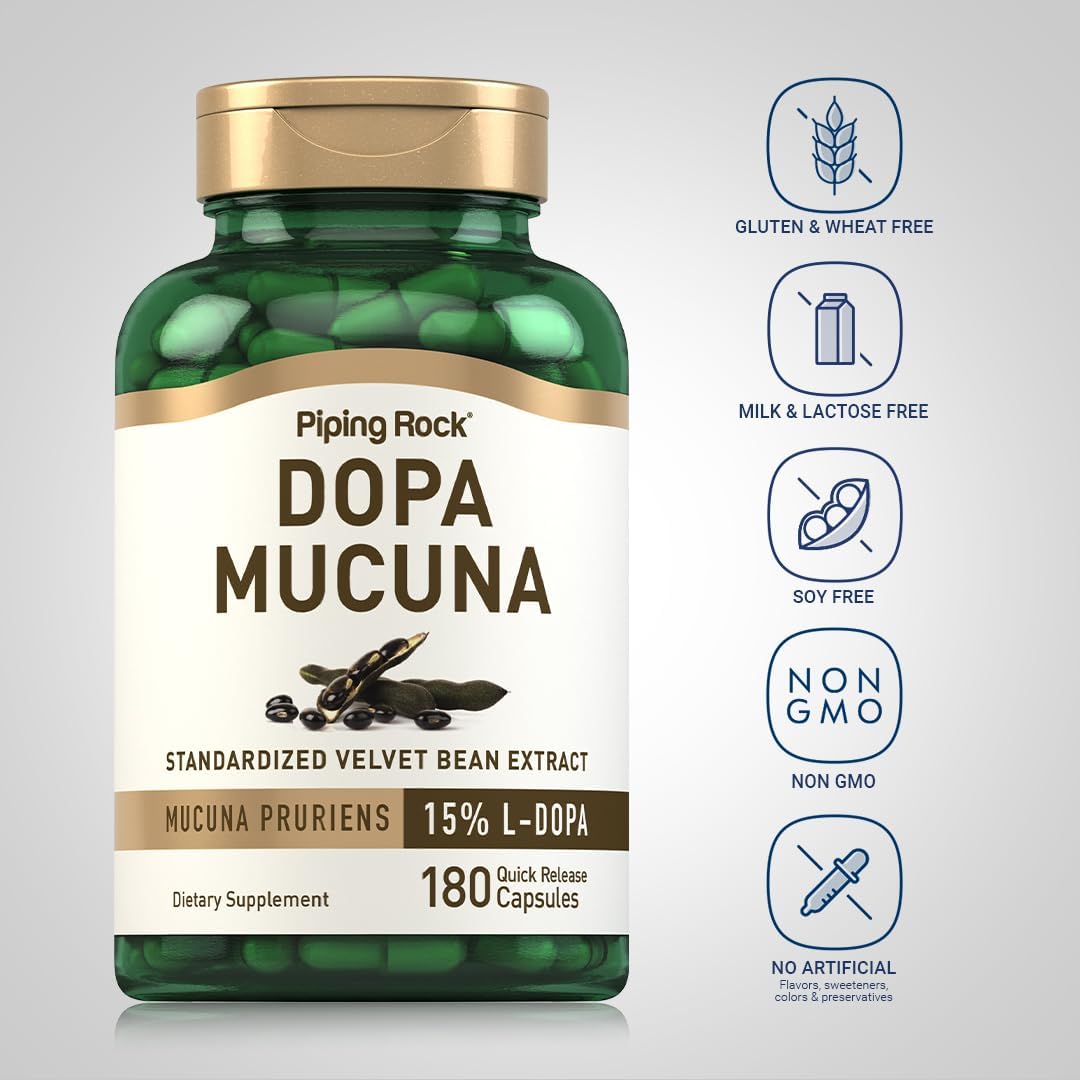 180 Count Piping Rock DOPA Mucuna Capsules with 15% L-DOPA - Mucuna Pruriens Extract - Non-GMO and Gluten Free