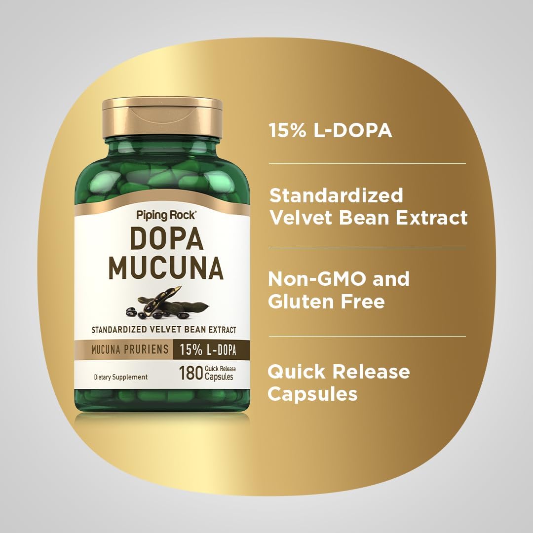 180 Count Piping Rock DOPA Mucuna Capsules with 15% L-DOPA - Mucuna Pruriens Extract - Non-GMO and Gluten Free
