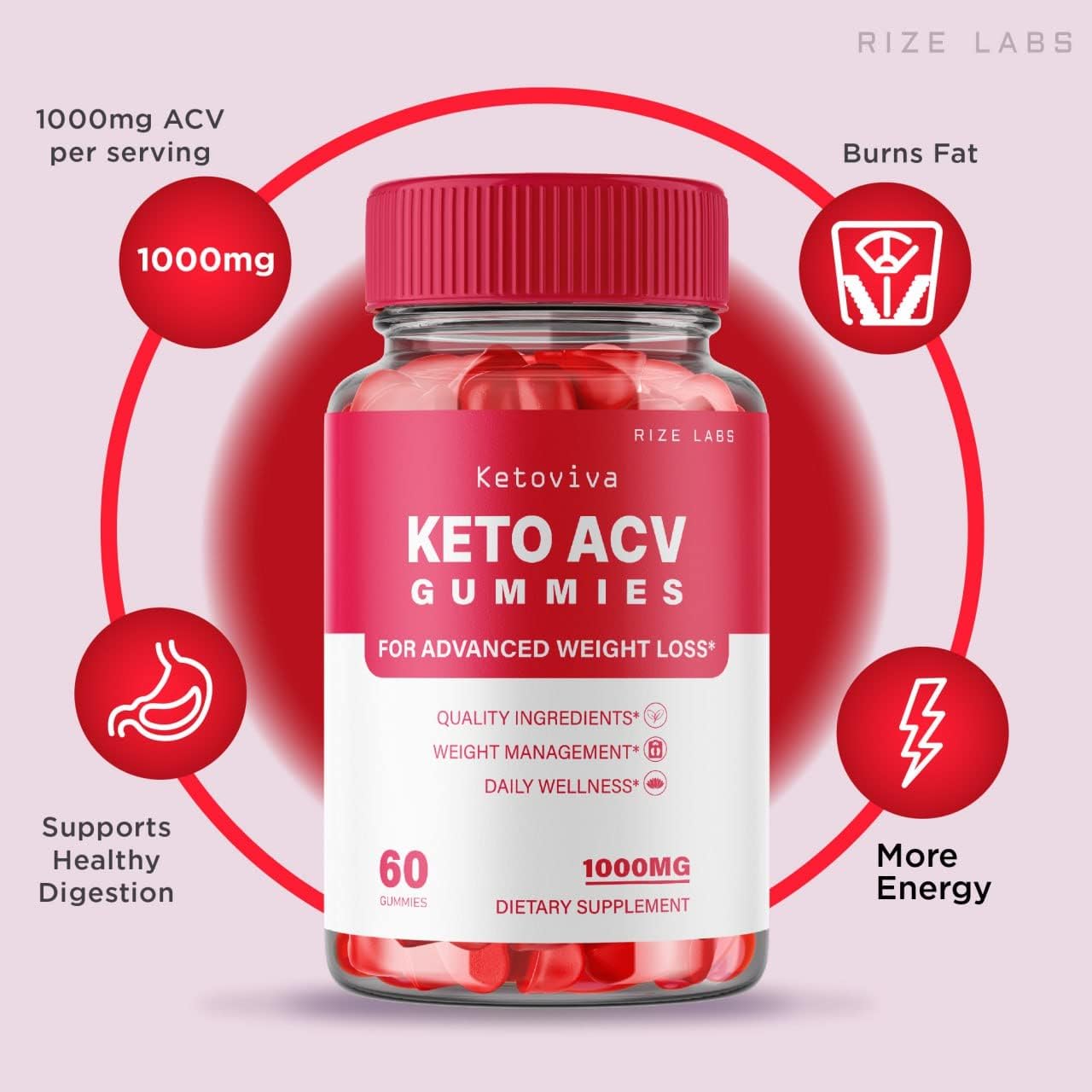 180 Count Rize Labs Ketoviva Keto ACV Gummies for Advanced Weight Loss with Apple Cider Vinegar - Reduces Belly Fat and Provides Extra Strength Support