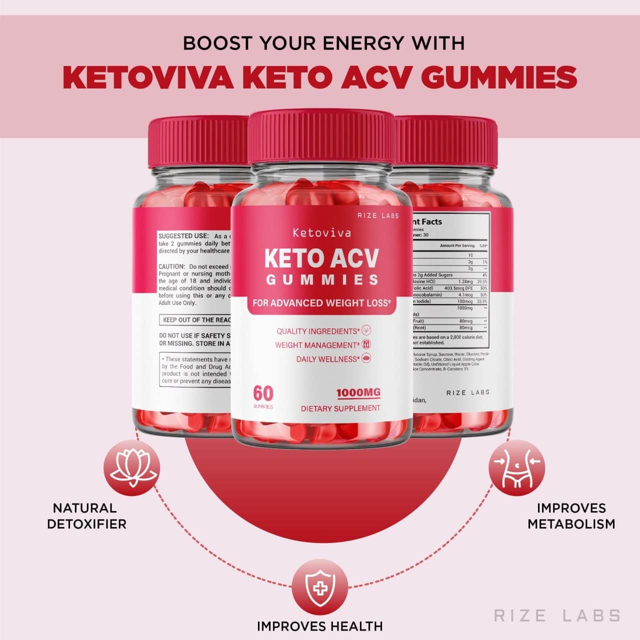 180 Count Rize Labs Ketoviva Keto ACV Gummies for Advanced Weight Loss with Apple Cider Vinegar - Reduces Belly Fat and Provides Extra Strength Support