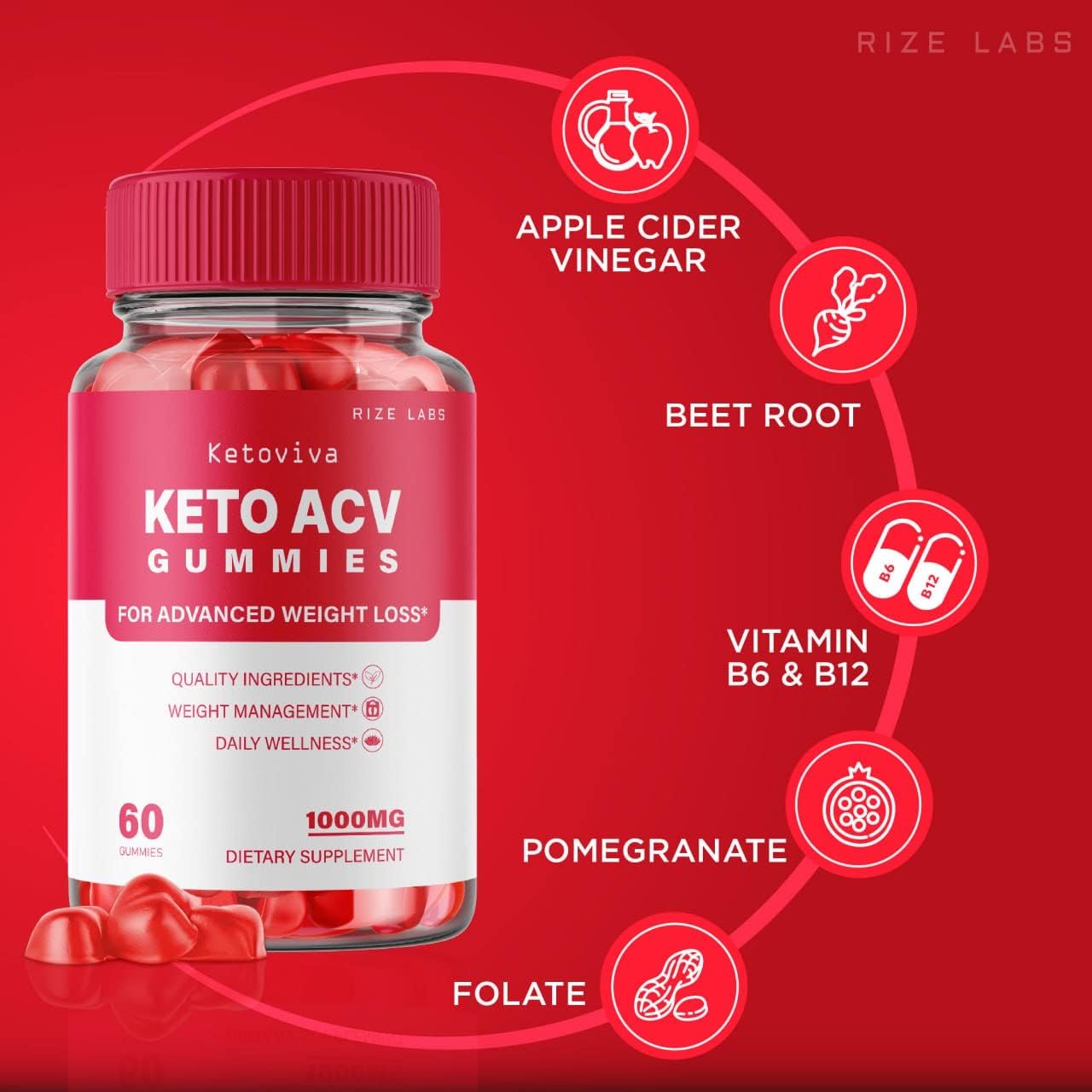 180 Count Rize Labs Ketoviva Keto ACV Gummies for Advanced Weight Loss with Apple Cider Vinegar - Reduces Belly Fat and Provides Extra Strength Support