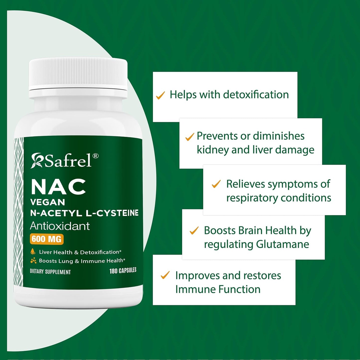 180 Count Safrel N-Acetyl-L-Cysteine (NAC) Capsules - 600mg Antioxidant Support for Respiratory, Immune, and Liver Health - Non-GMO & Gluten Free - Easy Absorption