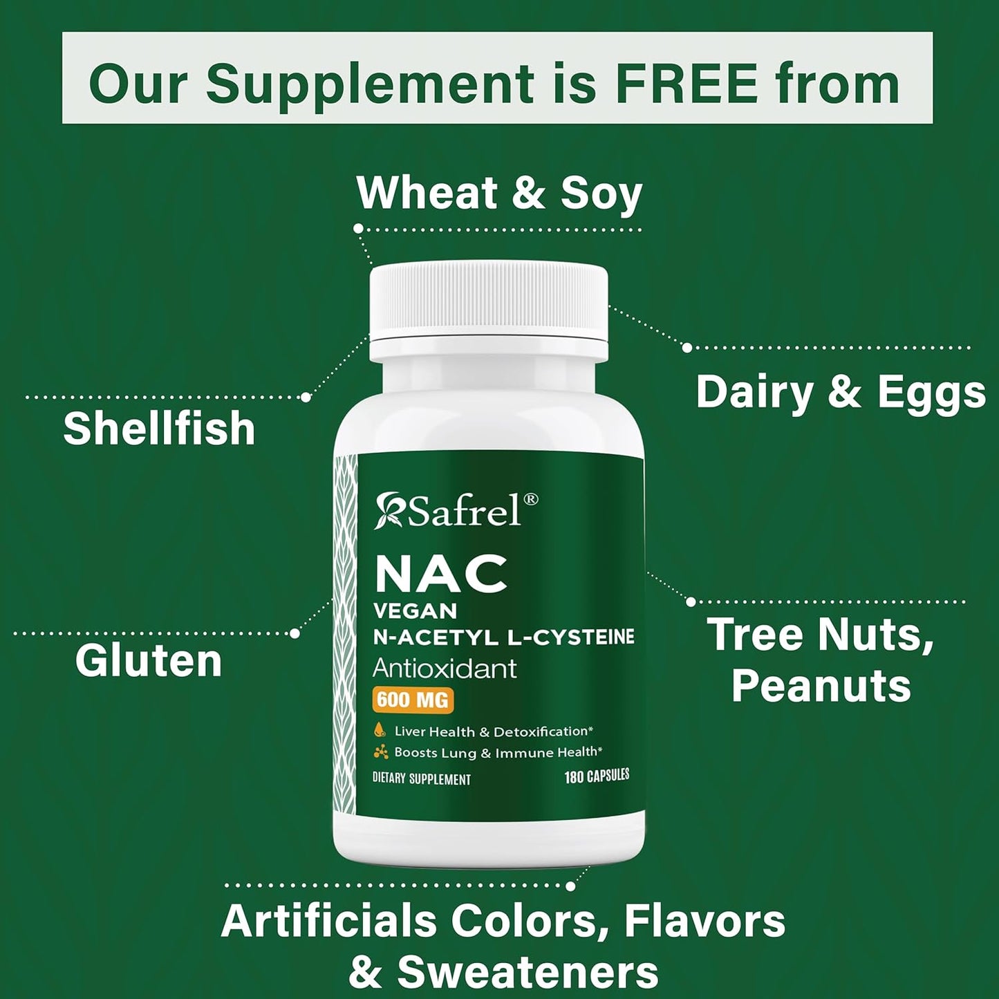 180 Count Safrel N-Acetyl-L-Cysteine (NAC) Capsules - 600mg Antioxidant Support for Respiratory, Immune, and Liver Health - Non-GMO & Gluten Free - Easy Absorption