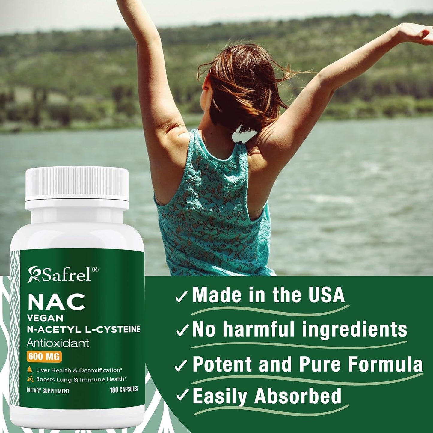 180 Count Safrel N-Acetyl-L-Cysteine (NAC) Capsules - 600mg Antioxidant Support for Respiratory, Immune, and Liver Health - Non-GMO & Gluten Free - Easy Absorption
