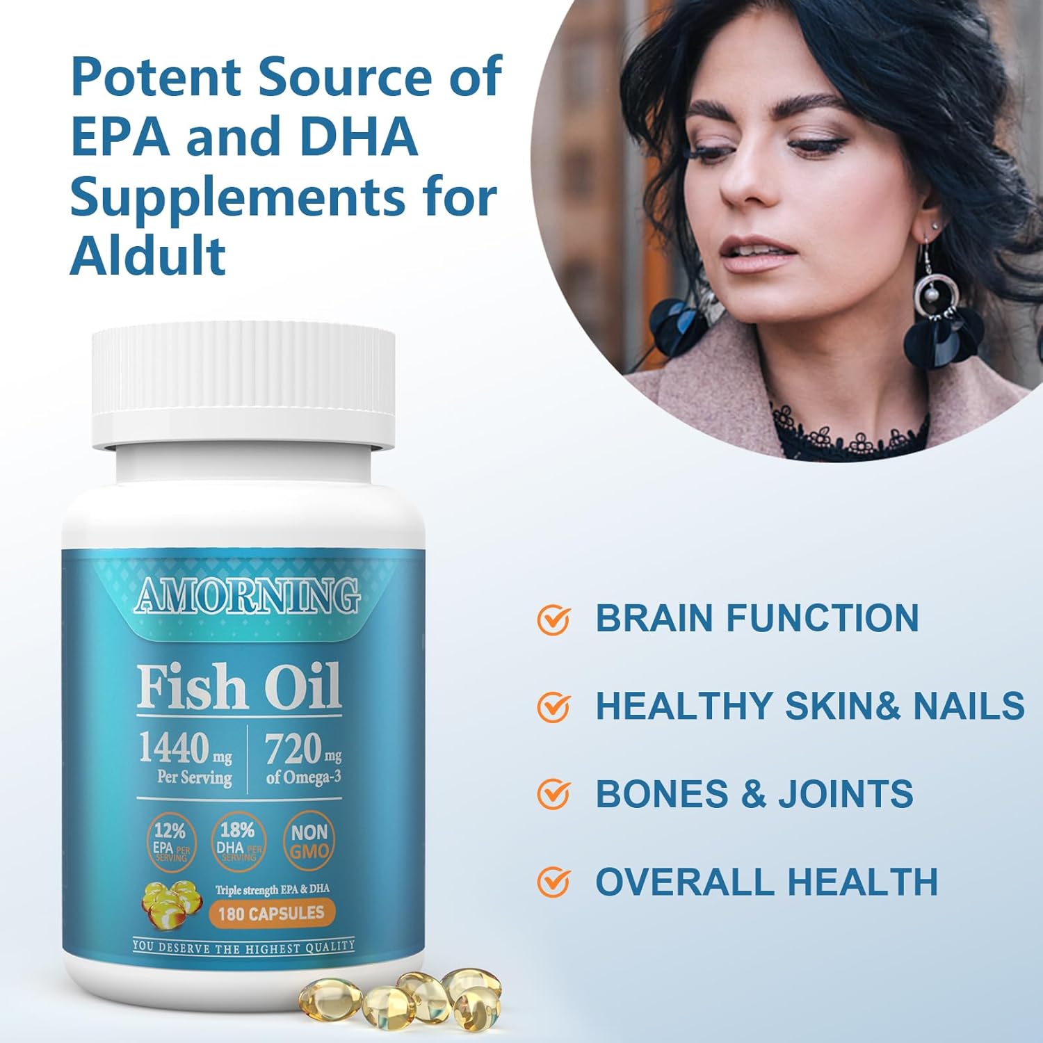 180 Count Small Softgel Fish Oil Omega-3 Supplement for Heart, Brain, and Eye Support - High EPA DHA, 1440mg, Easy to Swallow