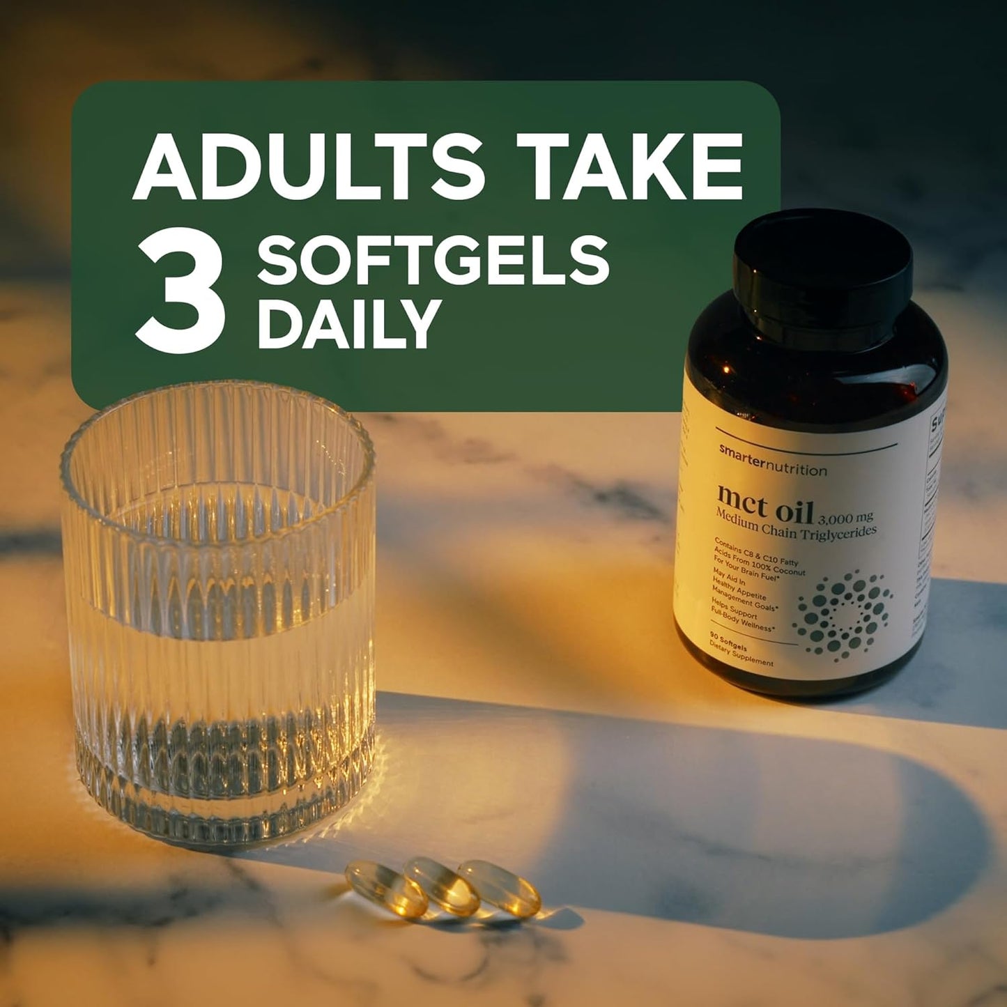 180 Count Smarter Nutrition MCT Oil Capsules C8 and C10 - Ketogenic Brain & Body Fuel - Sustained Energy - Cold-Pressed Coconut - Palm & Gluten-Free - Non-GMO - 60-Day Supply