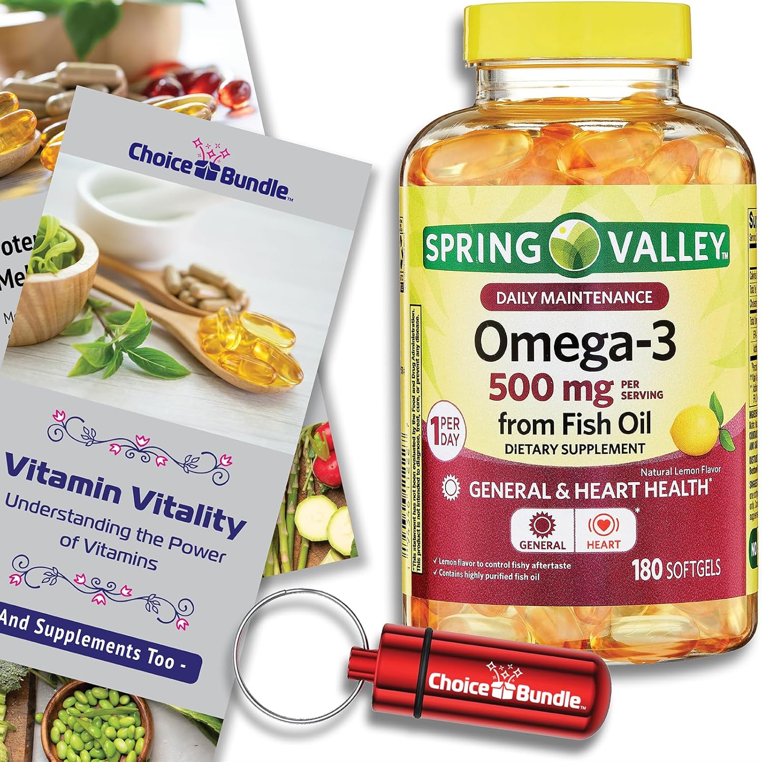 180 Count Spring Valley Fish Oil Omega-3 Fatty Acid Supplement Lemon Softgels Bundle with Vitamin Guide and Pill Container