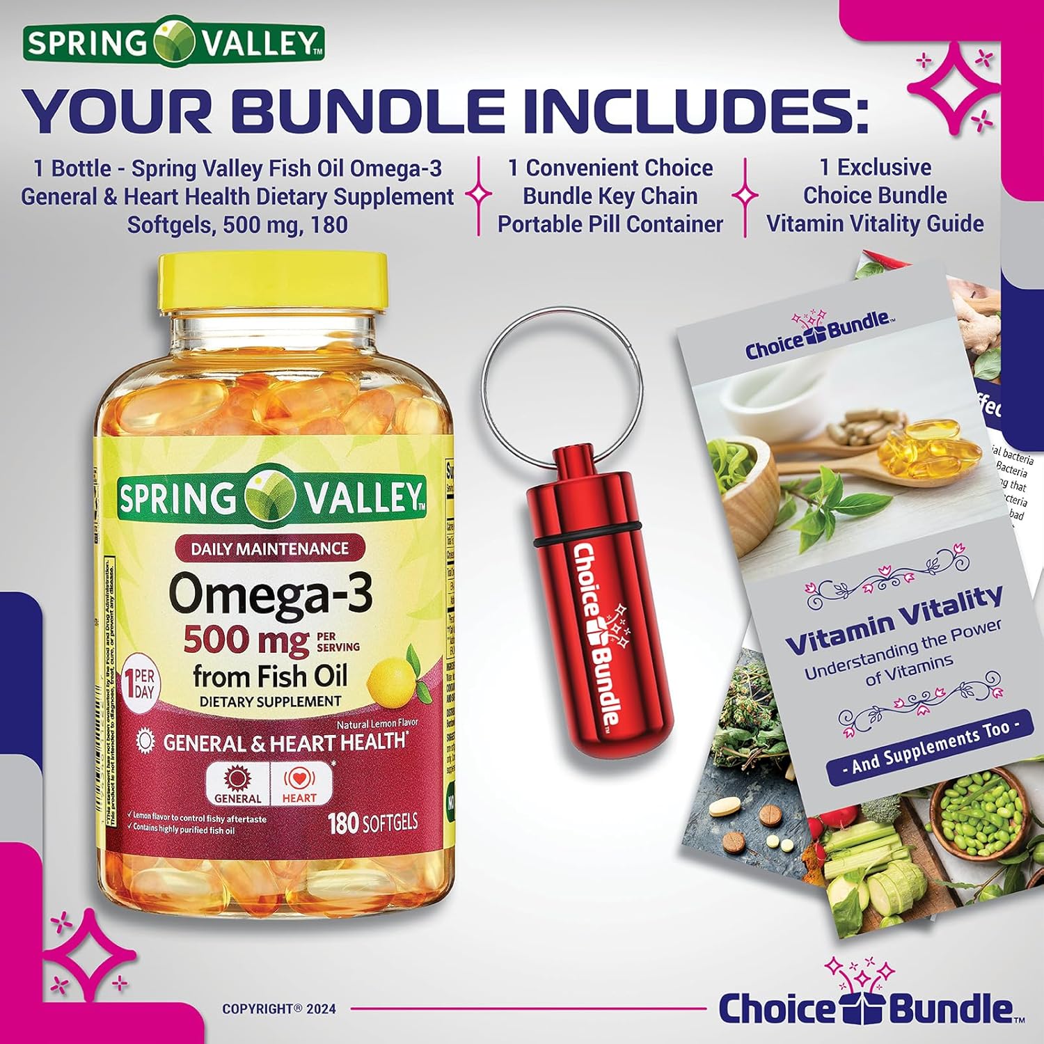 180 Count Spring Valley Fish Oil Omega-3 Fatty Acid Supplement Lemon Softgels Bundle with Vitamin Guide and Pill Container