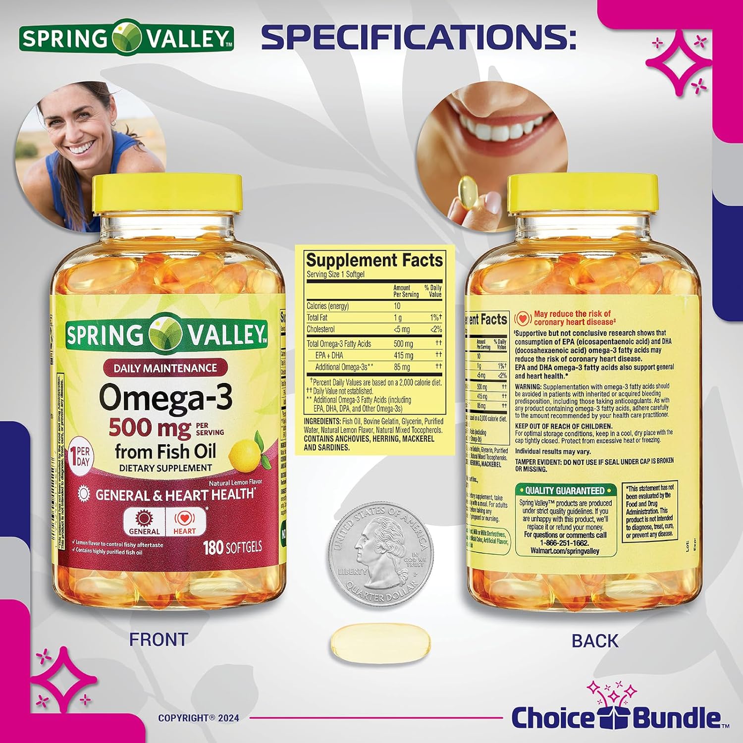 180 Count Spring Valley Fish Oil Omega-3 Fatty Acid Supplement Lemon Softgels Bundle with Vitamin Guide and Pill Container