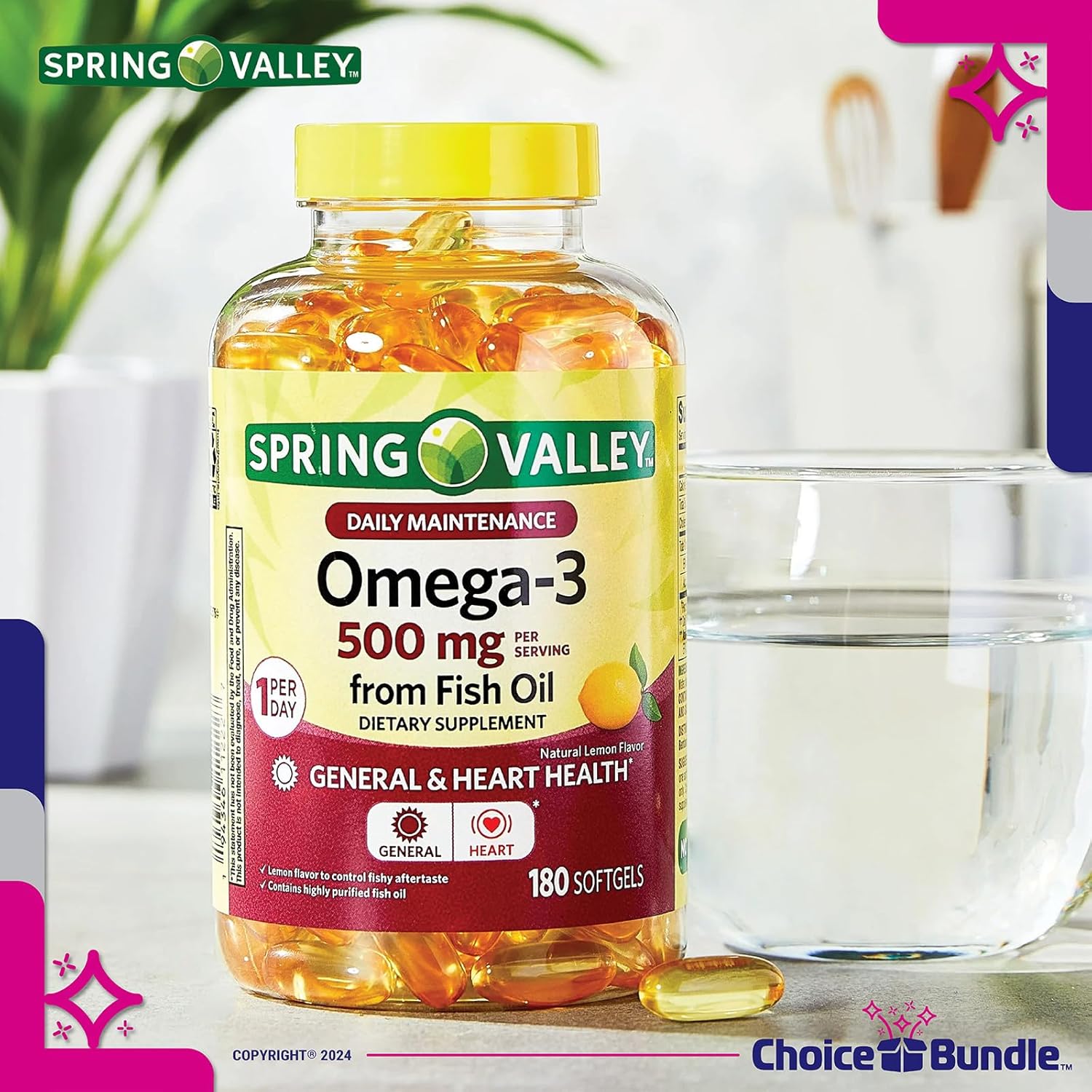 180 Count Spring Valley Fish Oil Omega-3 Fatty Acid Supplement Lemon Softgels Bundle with Vitamin Guide and Pill Container