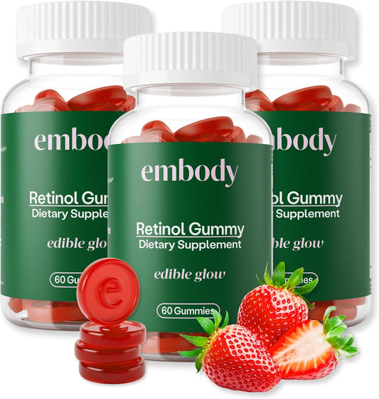 180 Count Strawberry Flavored Retinol Multivitamin Gummies for Anti-Aging and Clear Skin - Hair, Skin, and Nails Supplement with Vitamin A, Biotin, and Vitamin C