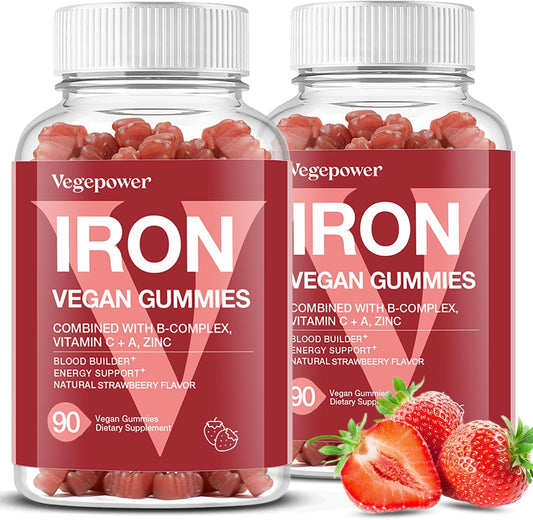 180 Count Strawberry Iron Gummies with Vitamin C for Women & Kids - Vegan Multivitamin Supplement for Blood Oxygen - High Absorption Iron Chewable