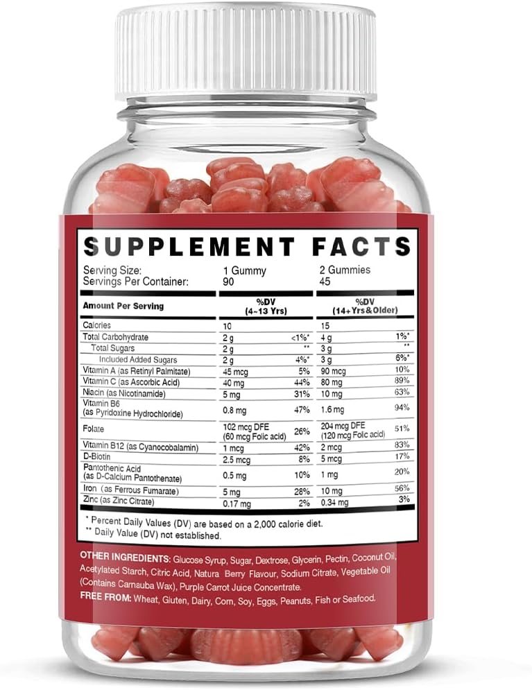 180 Count Strawberry Iron Gummies with Vitamin C for Women & Kids - Vegan Multivitamin Supplement for Blood Oxygen - High Absorption Iron Chewable