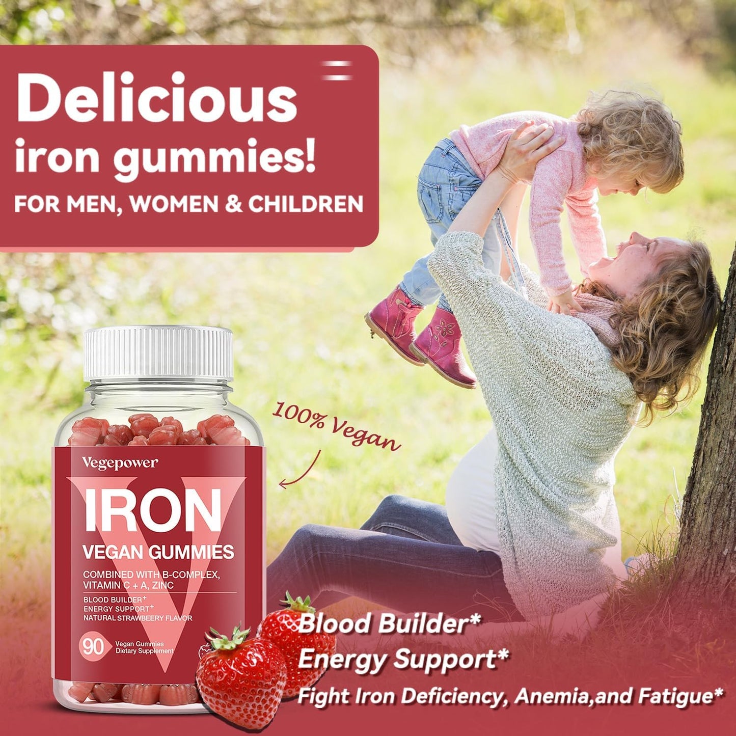 180 Count Strawberry Iron Gummies with Vitamin C for Women & Kids - Vegan Multivitamin Supplement for Blood Oxygen - High Absorption Iron Chewable