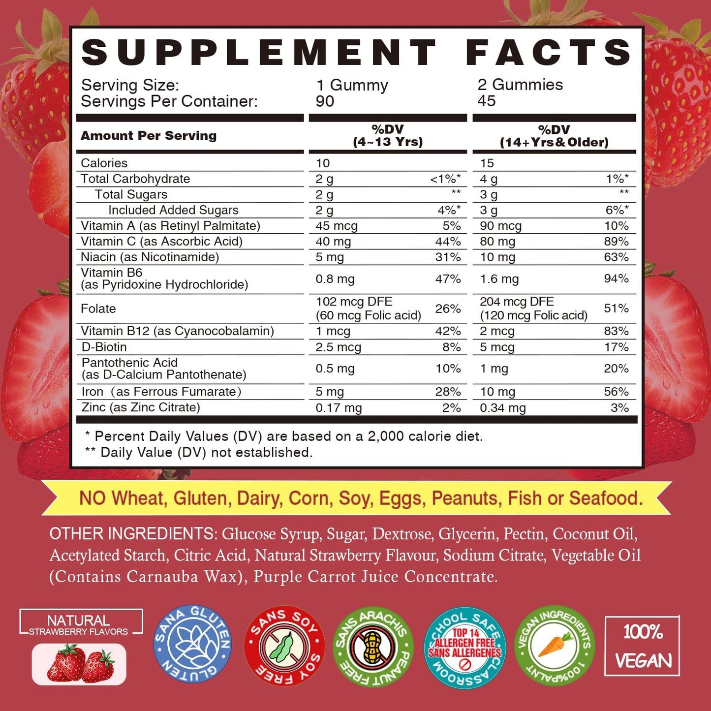 180 Count Strawberry Iron Gummies with Vitamin C for Women & Kids - Vegan Multivitamin Supplement for Blood Oxygen - High Absorption Iron Chewable