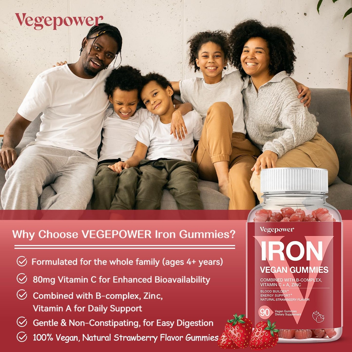 180 Count Strawberry Iron Gummies with Vitamin C for Women & Kids - Vegan Multivitamin Supplement for Blood Oxygen - High Absorption Iron Chewable