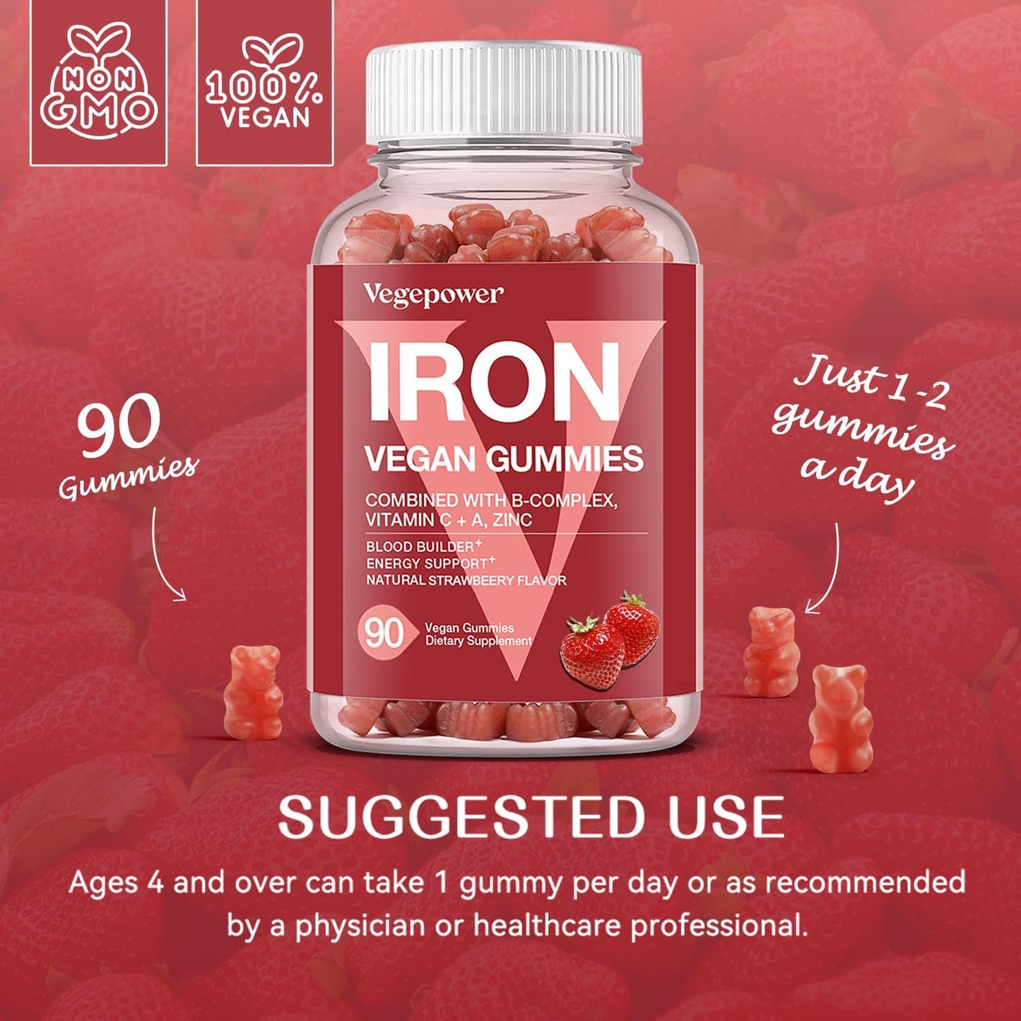 180 Count Strawberry Iron Gummies with Vitamin C for Women & Kids - Vegan Multivitamin Supplement for Blood Oxygen - High Absorption Iron Chewable