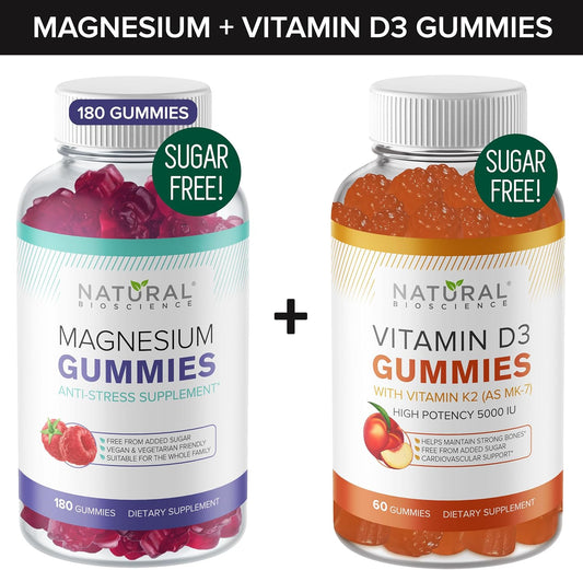 180 Count Sugar-Free Magnesium & 60 Count Sugar-Free Vitamin D Gummies Bundle - Immune Support & Relaxation, Gelatin-Free, Gluten-Free, Vegetarian, All Natural, GMO-Free, Kosher