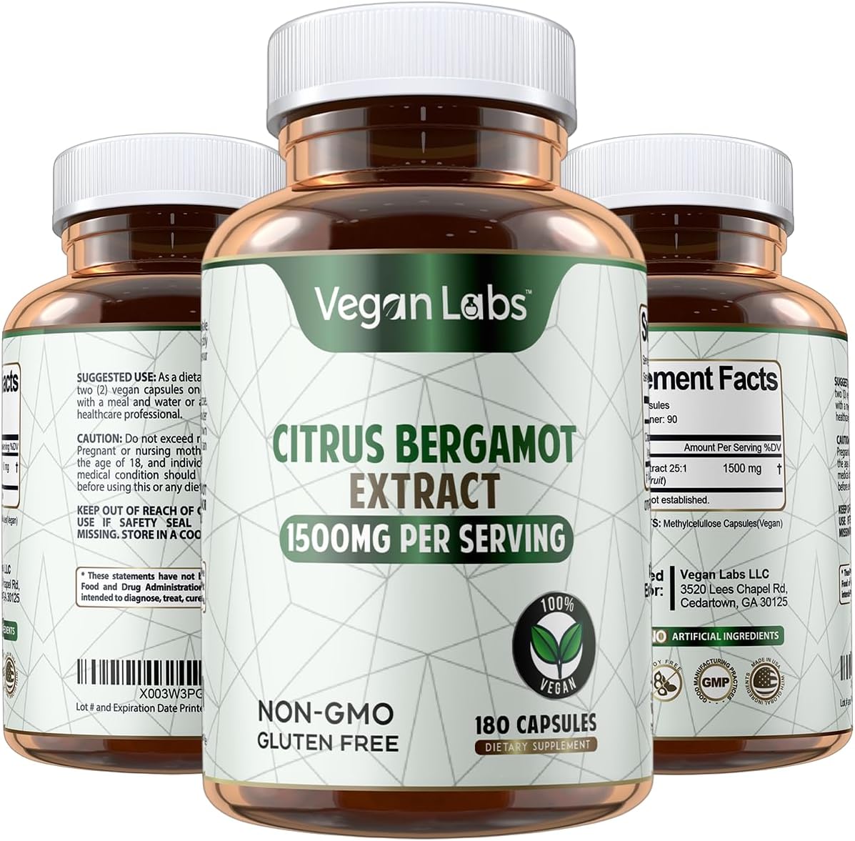 180 Count Vegan Citrus Bergamot Extract Capsules - 1500MG - 25:1 Concentration - Antioxidant Support - Gluten Free & Non-GMO - Promotes Overall Health