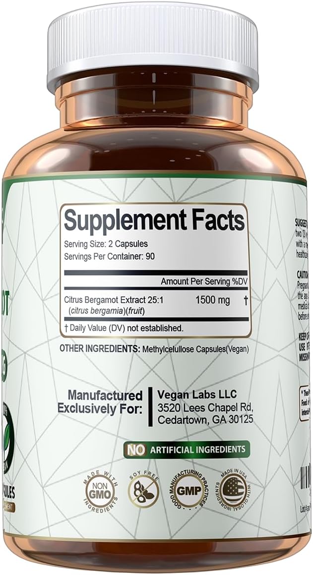 180 Count Vegan Citrus Bergamot Extract Capsules - 1500MG - 25:1 Concentration - Antioxidant Support - Gluten Free & Non-GMO - Promotes Overall Health