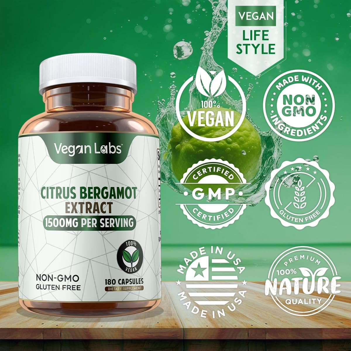 180 Count Vegan Citrus Bergamot Extract Capsules - 1500MG - 25:1 Concentration - Antioxidant Support - Gluten Free & Non-GMO - Promotes Overall Health