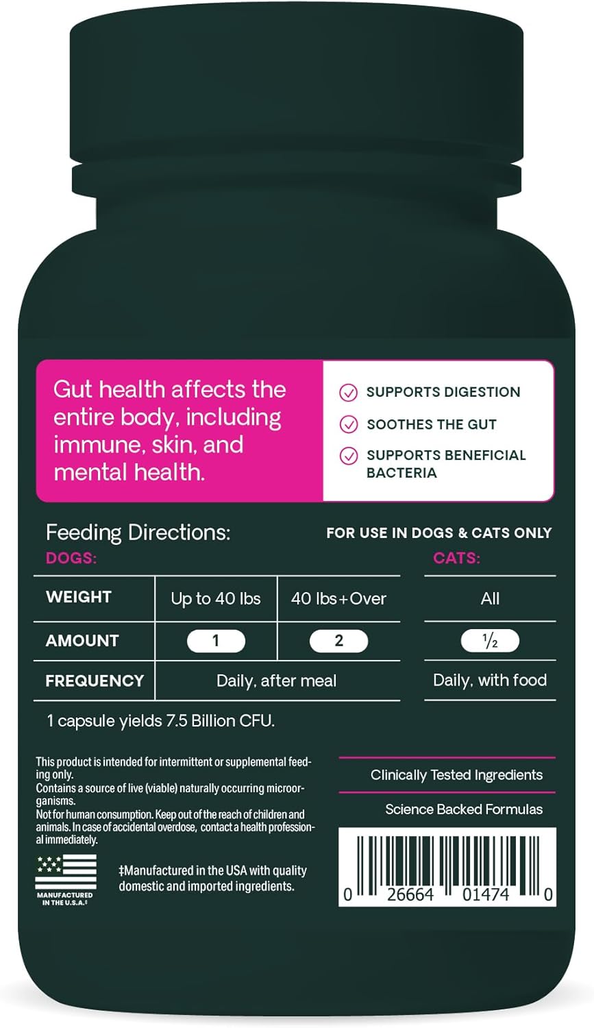 180 Count VetriScience Extra Strength Gut Health Capsules for Dogs & Cats - Probiotic & Prebiotic Digestive Supplement - Supports Digestion, Immune System, Gas & Diarrhea - 7.5 Billion CFU