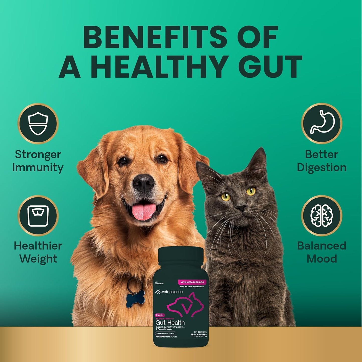 180 Count VetriScience Extra Strength Gut Health Capsules for Dogs & Cats - Probiotic & Prebiotic Digestive Supplement - Supports Digestion, Immune System, Gas & Diarrhea - 7.5 Billion CFU