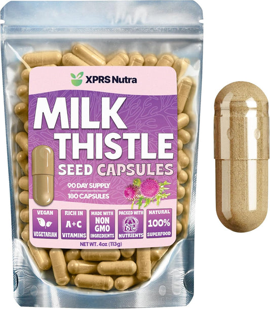 180 Count XPRS Nutra Milk Thistle Seed Capsules - Premium Liver Support Supplement with Silymarin for Digestion - Non-GMO Milk Thistle Pills