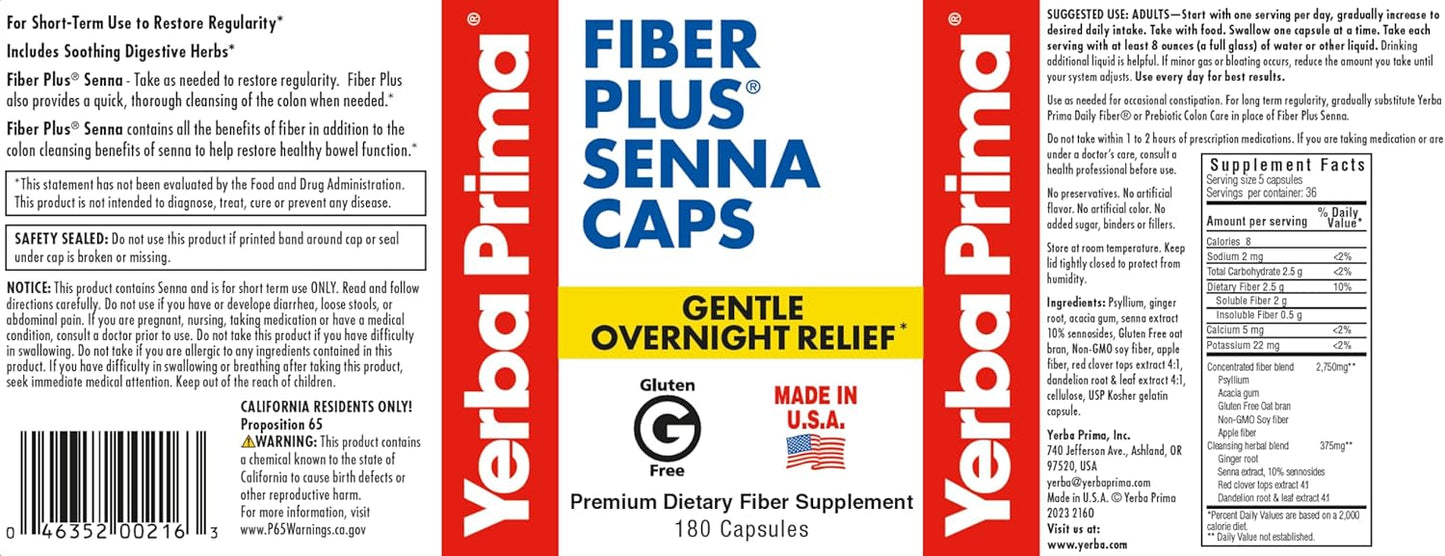 180 Count Yerba Prima Fiber Plus Senna Capsules for Gentle Overnight Relief and Regularity - Non-GMO, USA Made, Ideal for Short-Term Use