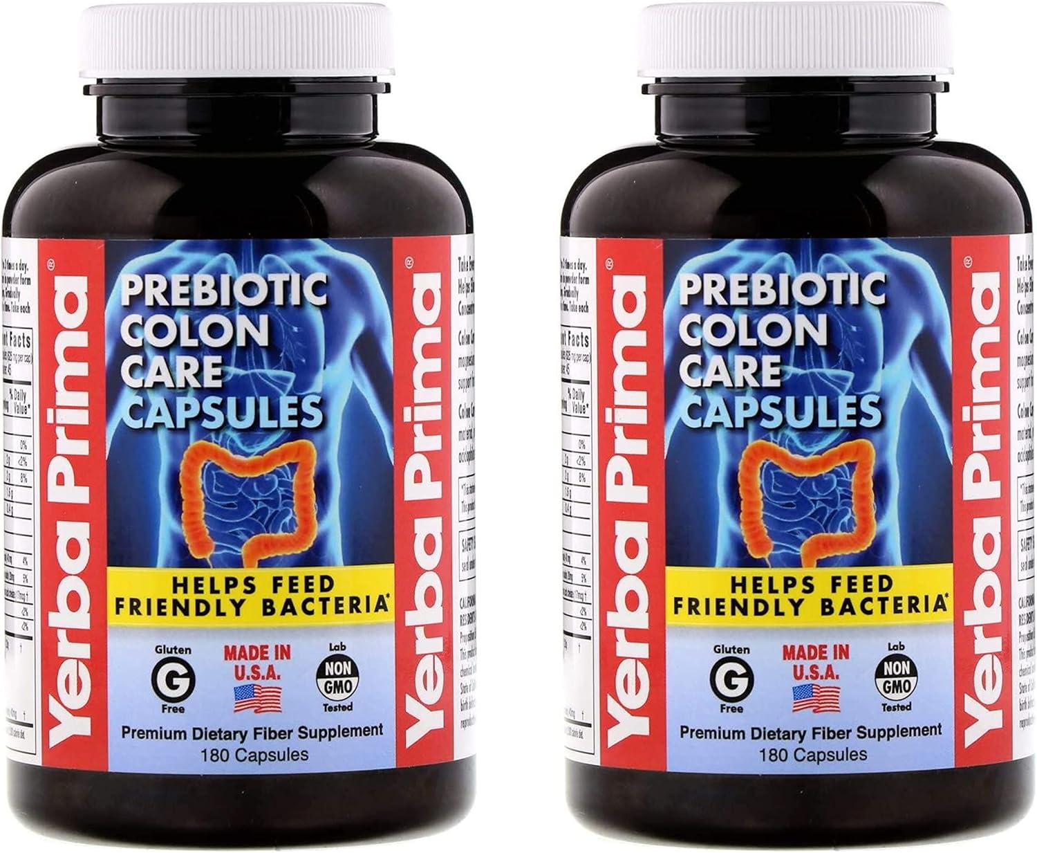180 Count Yerba Prima Prebiotic Colon Care Capsules - Pack of 2, Gluten Free, Made in USA, Non-GMO, Soluble & Insoluble Fiber, Promotes Colon Health