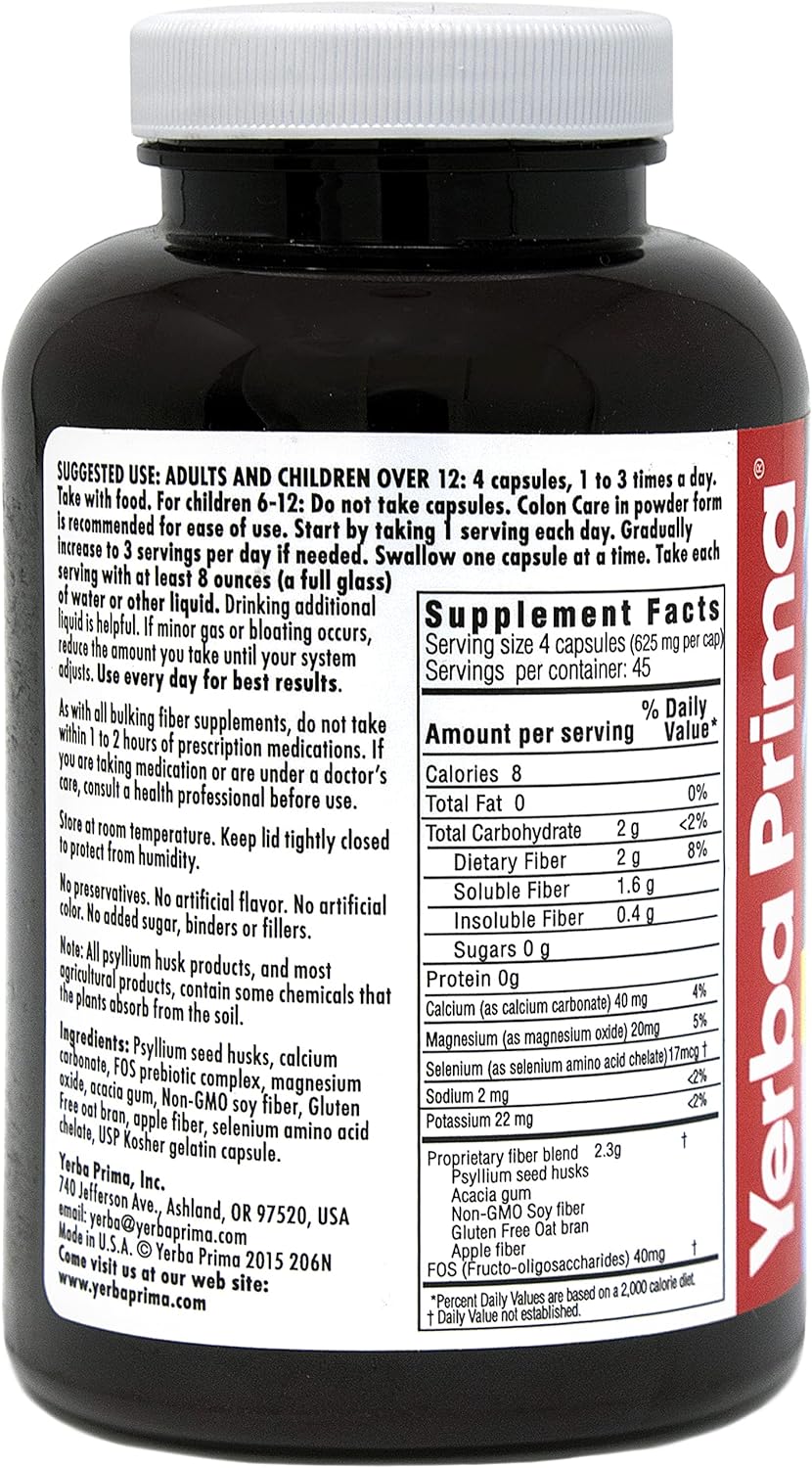 180 Count Yerba Prima Prebiotic Colon Care Capsules - Pack of 2, Gluten Free, Made in USA, Non-GMO, Soluble & Insoluble Fiber, Promotes Colon Health