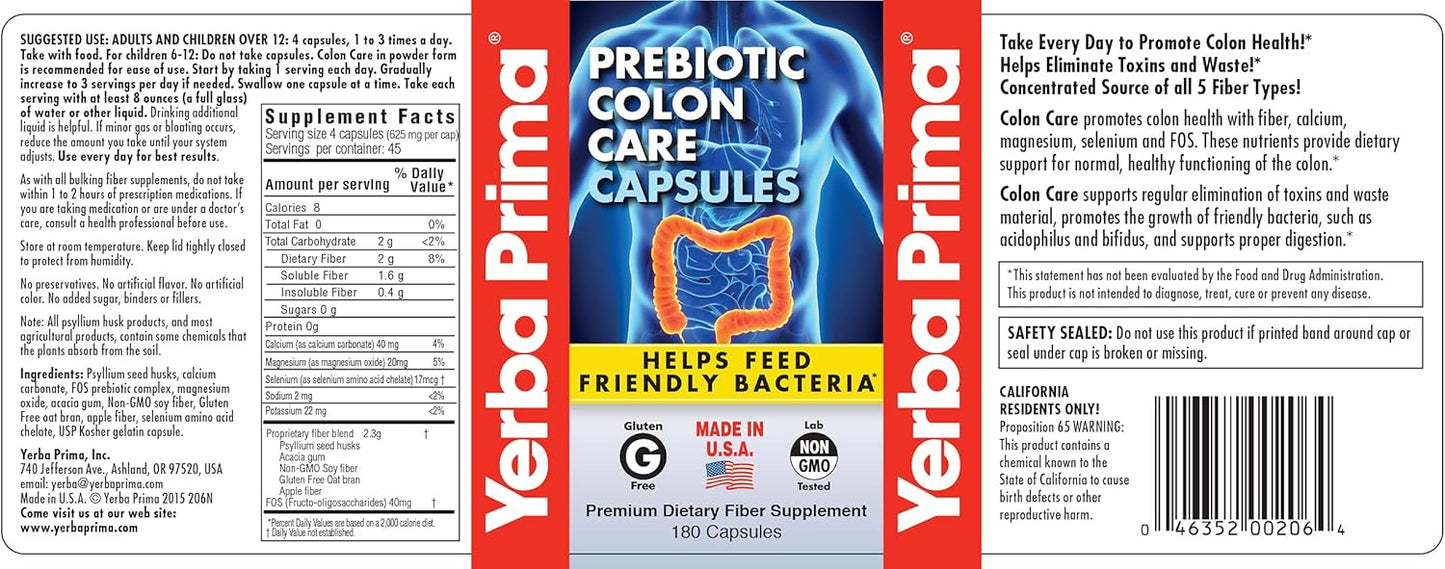 180 Count Yerba Prima Prebiotic Colon Care Capsules - Pack of 2, Gluten Free, Made in USA, Non-GMO, Soluble & Insoluble Fiber, Promotes Colon Health