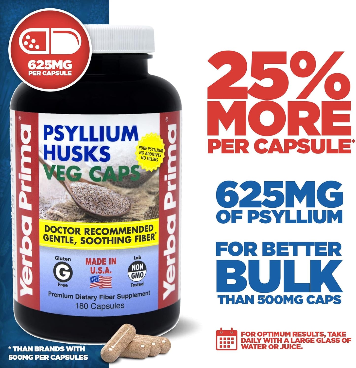 180 Count Yerba Prima Psyllium Husk Veg Capsules - Pack of 3 - Vegan, Non-GMO, Gluten Free Fiber Supplement for Gut Health