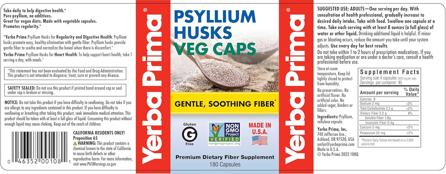 180 Count Yerba Prima Psyllium Husk Veg Capsules - Pack of 3 - Vegan, Non-GMO, Gluten Free Fiber Supplement for Gut Health