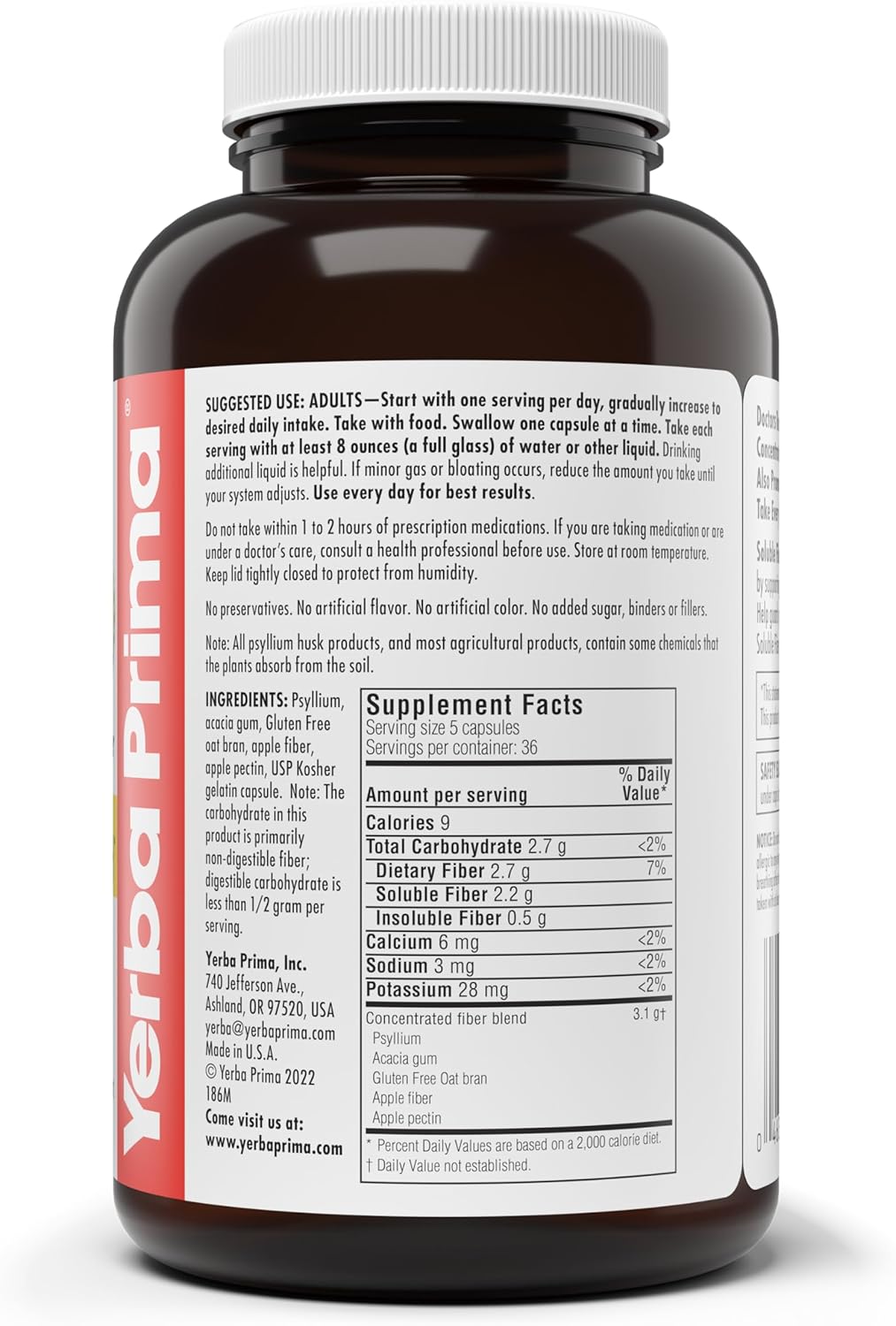 180 Count Yerba Prima Soluble Fiber Capsules - Premium Dietary Supplement, Natural Concentrated Fiber, Gluten Free, Non-GMO - Made in USA