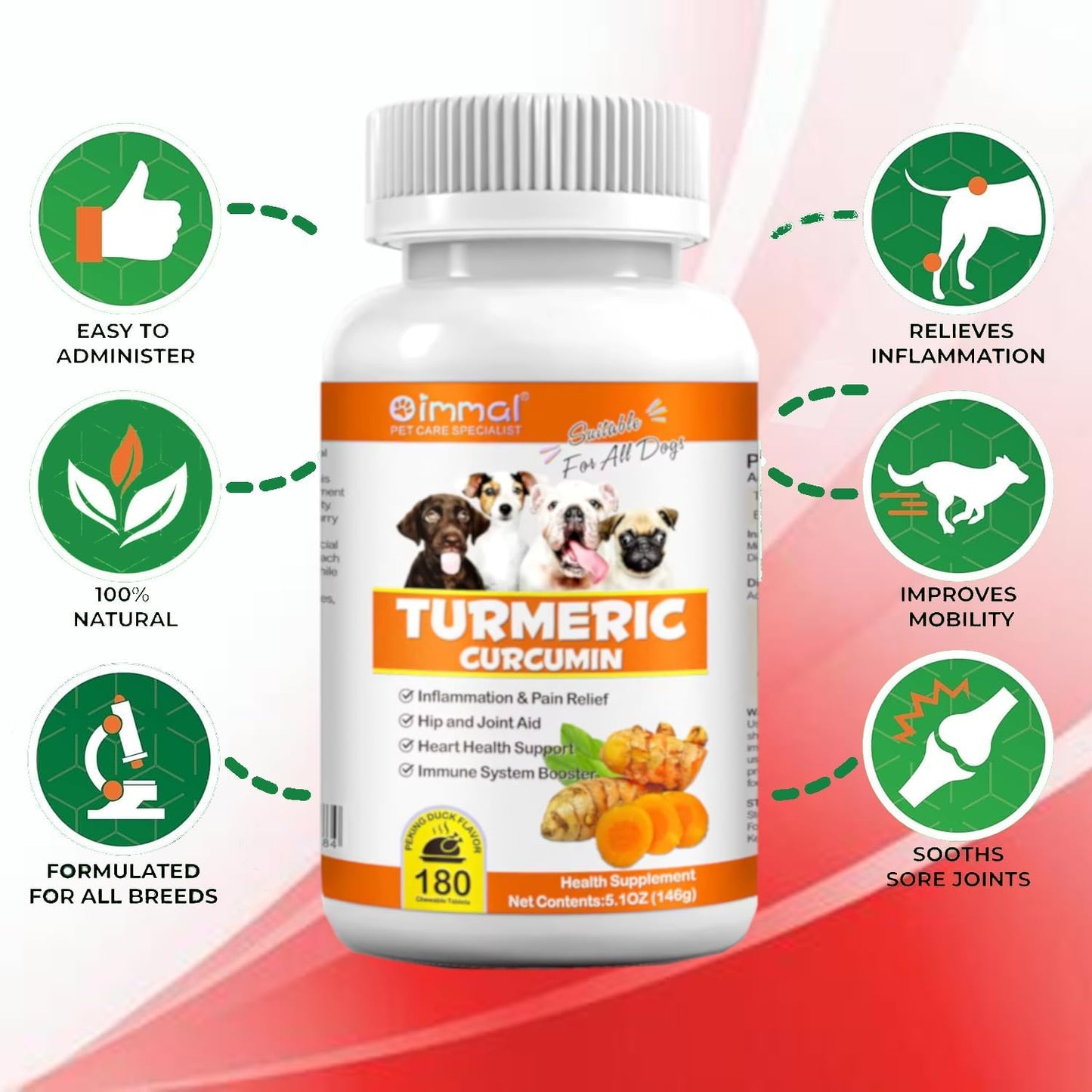 180 Count Zenpaws Turmeric and Curcumin Tablets for Dogs - Promotes Joint Health, Skin Allergy Relief, Hot Spot Treatment, and Coat Health - Salmon Oil and Duck Flavor Supplement