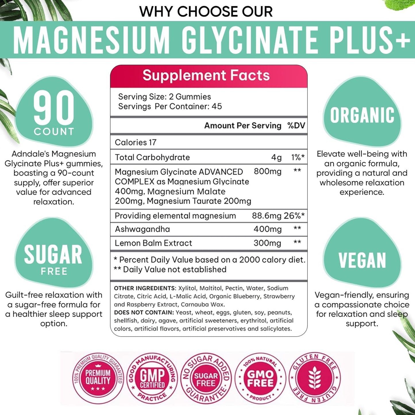 180 CT Calm Magnesium Gummies with Ashwagandha for Adults & Kids - Sugar Free Chews for Relaxation, Stress Relief, Sleep, Muscle & Cardio Support
