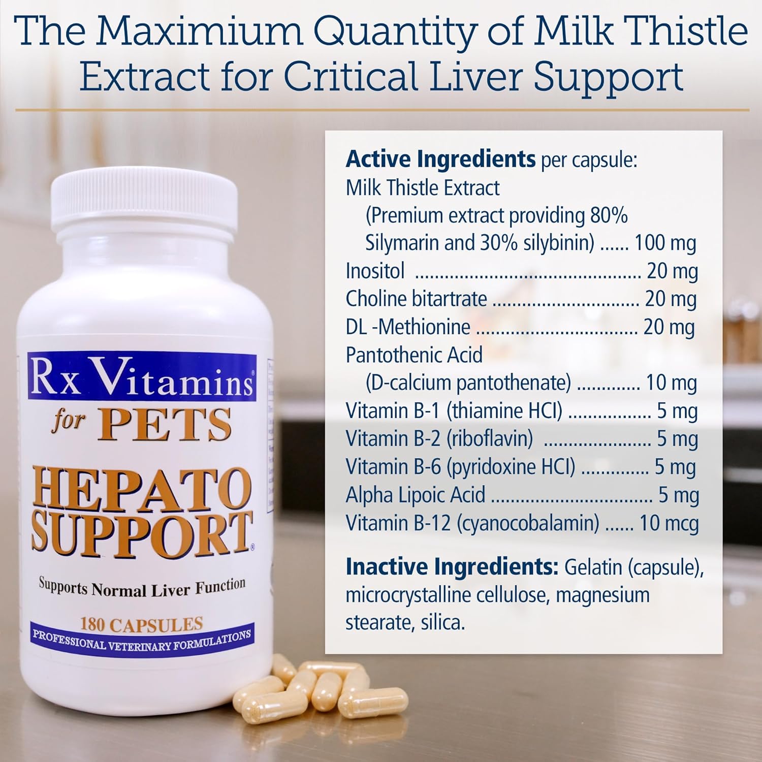 180 ct. Rx Vitamins Hepato Support Milk Thistle Supplement for Dogs & Cats - 100mg Silymarin Capsules for Healthy Liver Function in Pets