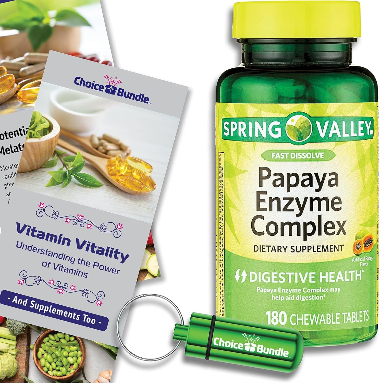180 Ct Spring Valley Papaya Enzyme Complex Chewable Tablets Dietary Supplement Bundle with Vitamin Guide & Pill Container