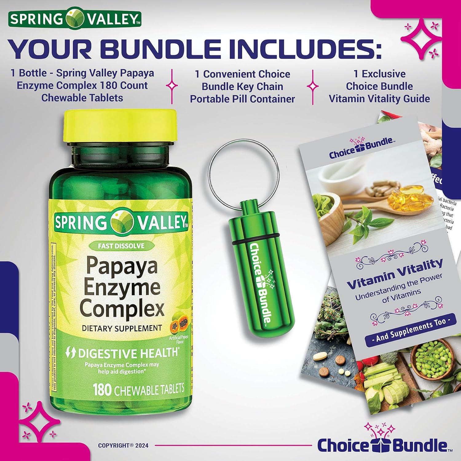 180 Ct Spring Valley Papaya Enzyme Complex Chewable Tablets Dietary Supplement Bundle with Vitamin Guide & Pill Container