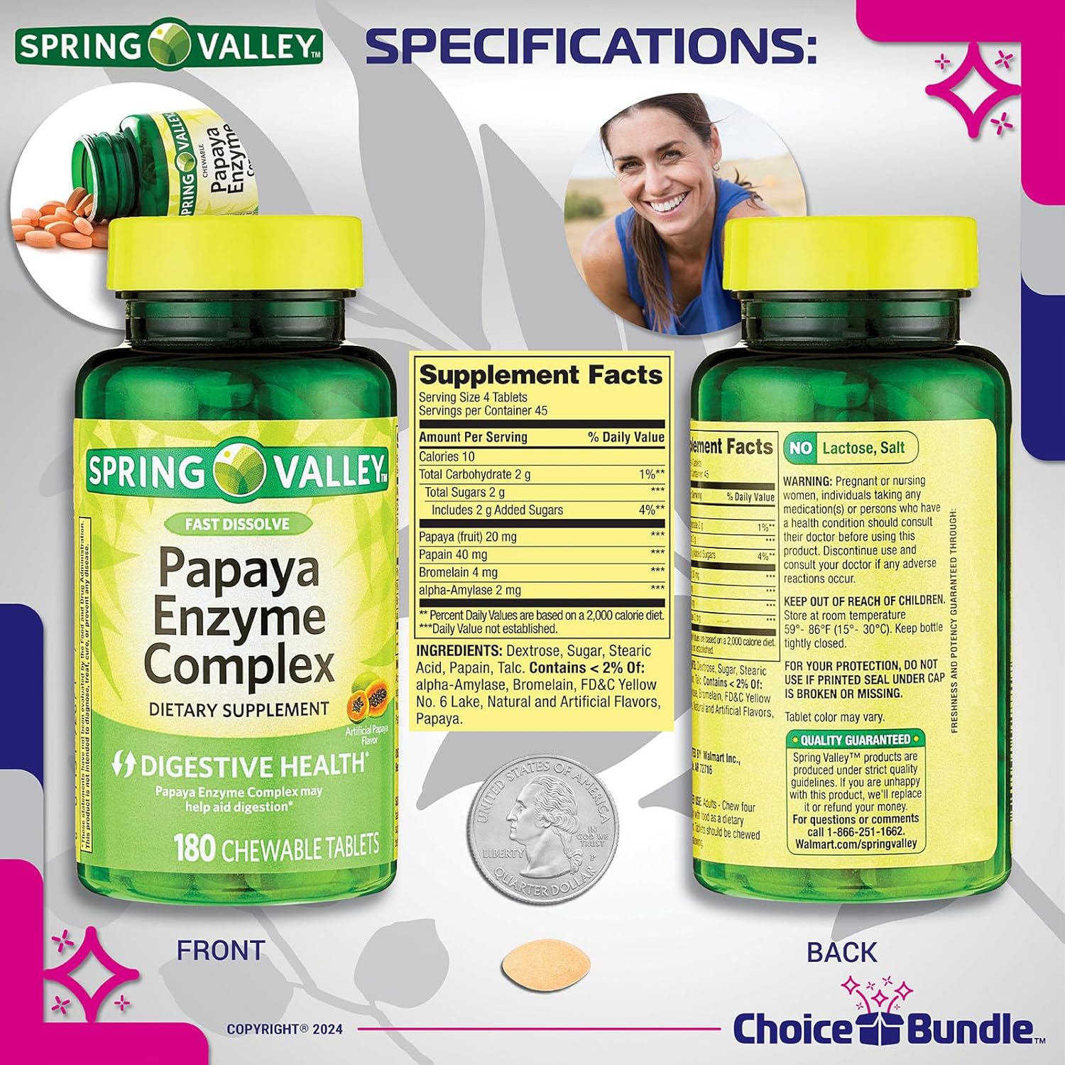 180 Ct Spring Valley Papaya Enzyme Complex Chewable Tablets Dietary Supplement Bundle with Vitamin Guide & Pill Container
