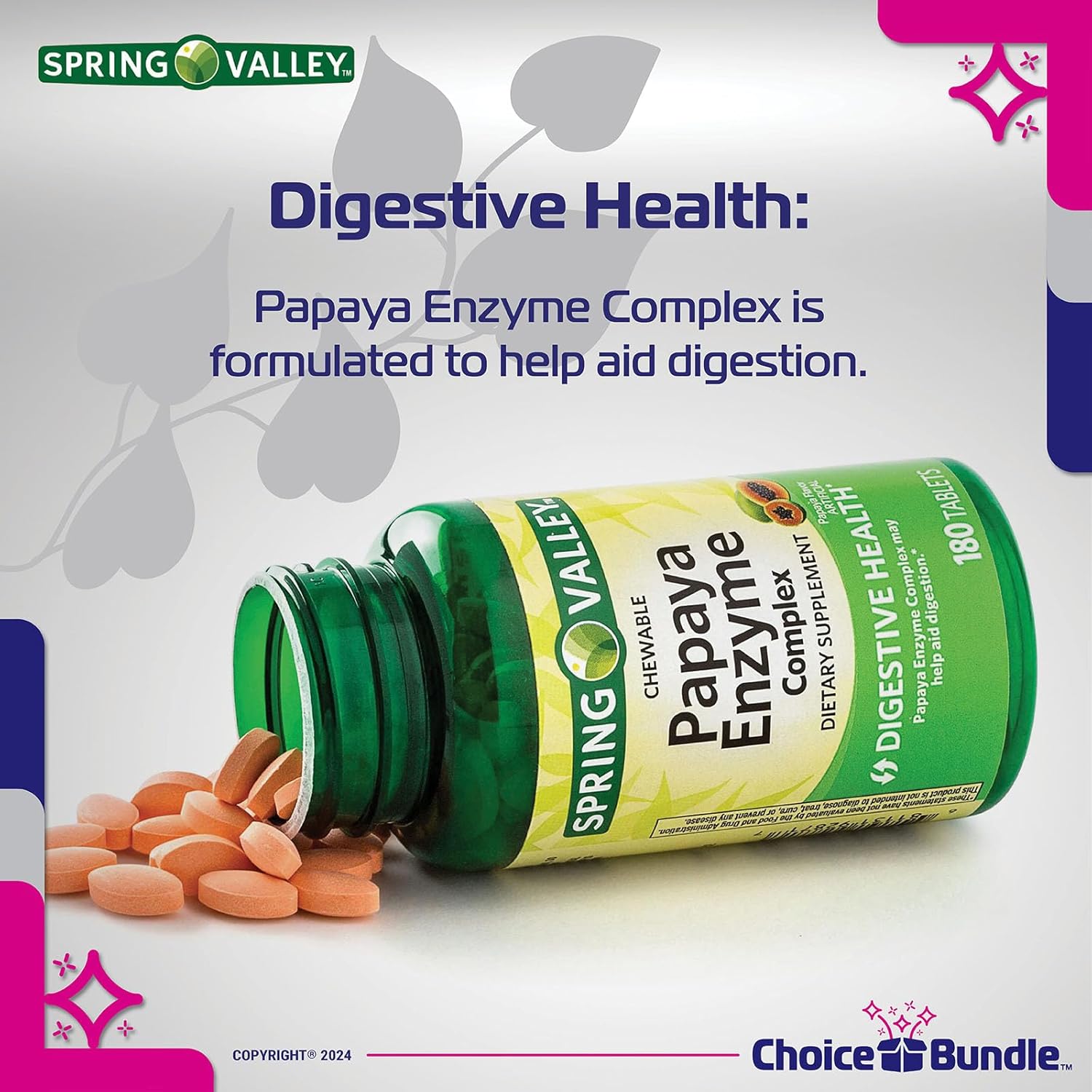 180 Ct Spring Valley Papaya Enzyme Complex Chewable Tablets Dietary Supplement Bundle with Vitamin Guide & Pill Container