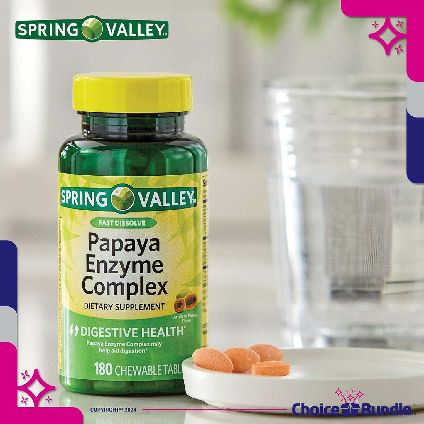 180 Ct Spring Valley Papaya Enzyme Complex Chewable Tablets Dietary Supplement Bundle with Vitamin Guide & Pill Container