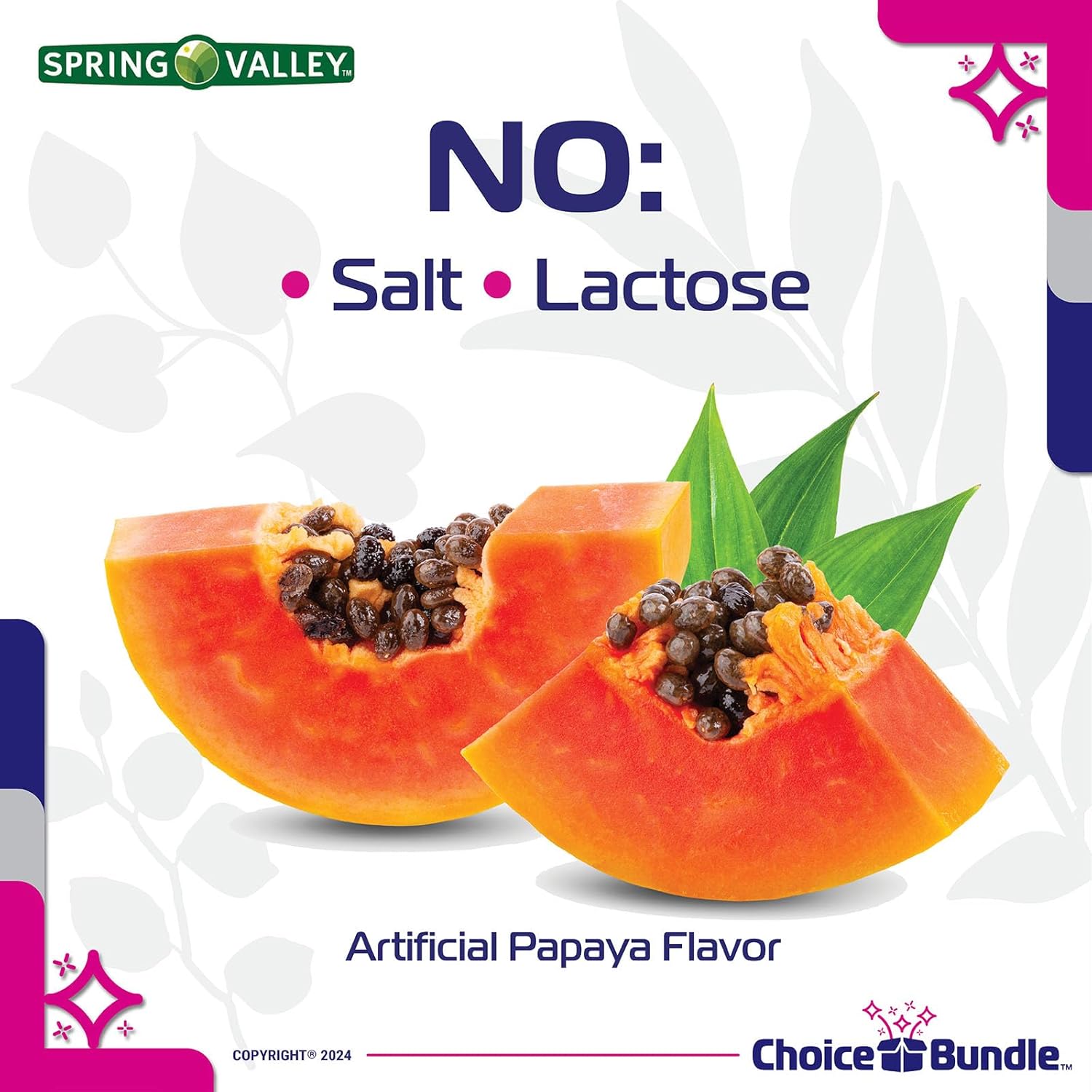 180 Ct Spring Valley Papaya Enzyme Complex Chewable Tablets Dietary Supplement Bundle with Vitamin Guide & Pill Container