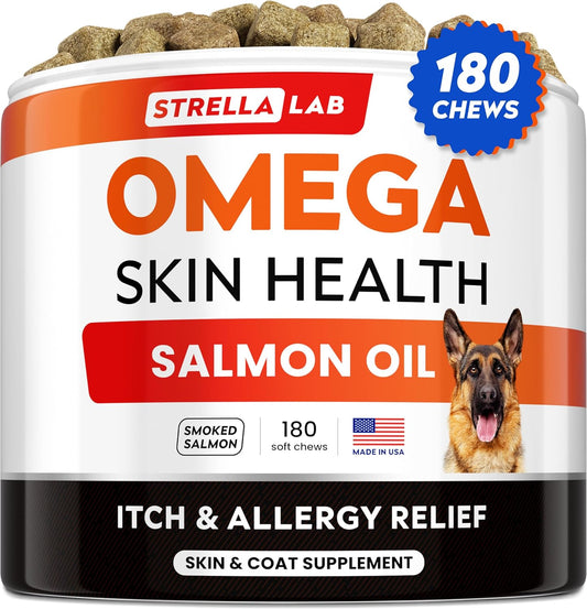 180 Ct StrellaLab Omega 3 Fish Oil Treats for Dogs - Allergy Relief Skin & Coat Supplement - Anti-Shedding & Hot Spots Treatment - Smoked Salmon Flavor