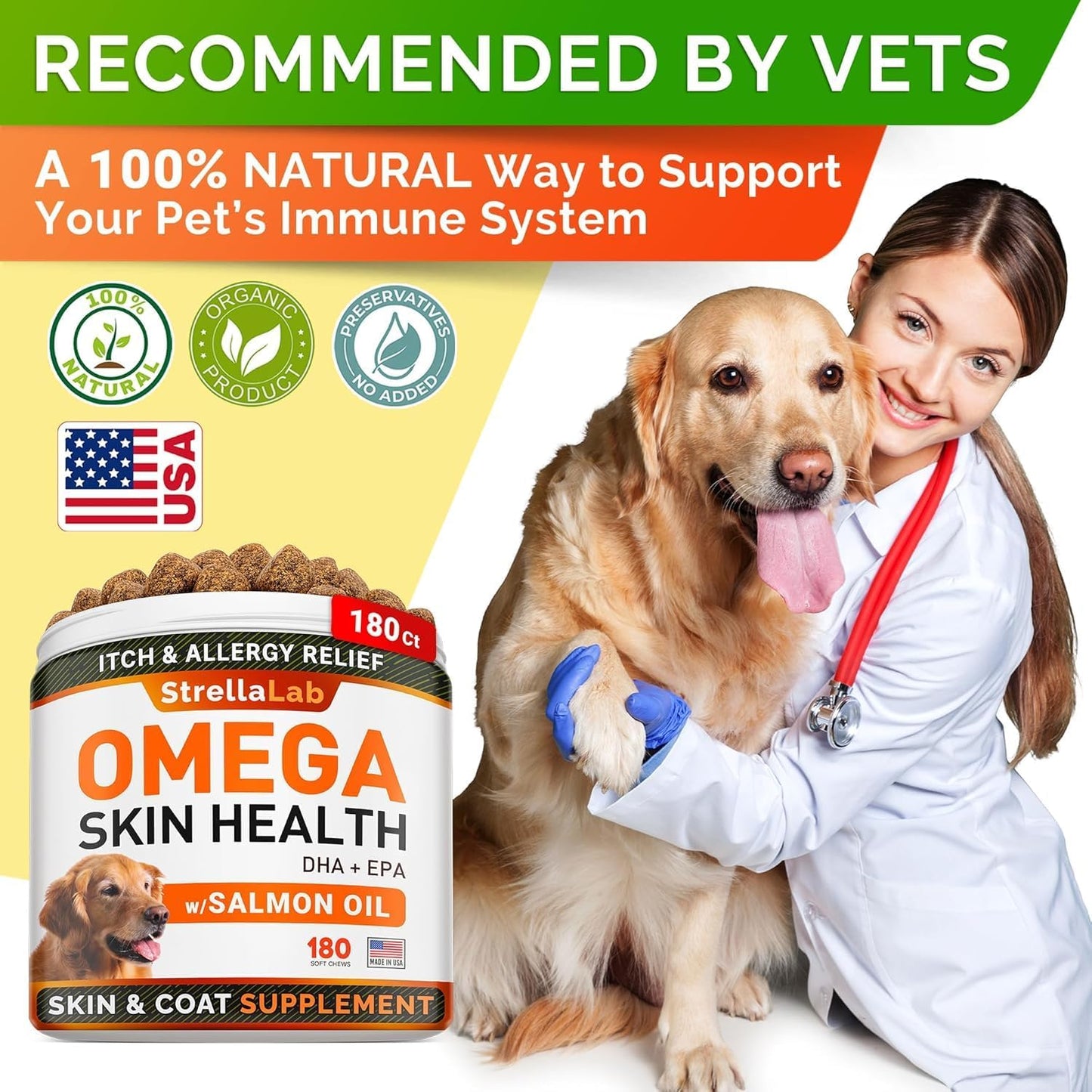 180 Ct StrellaLab Omega 3 Fish Oil Treats for Dogs - Allergy Relief Skin & Coat Supplement - Anti-Shedding & Hot Spots Treatment - Smoked Salmon Flavor